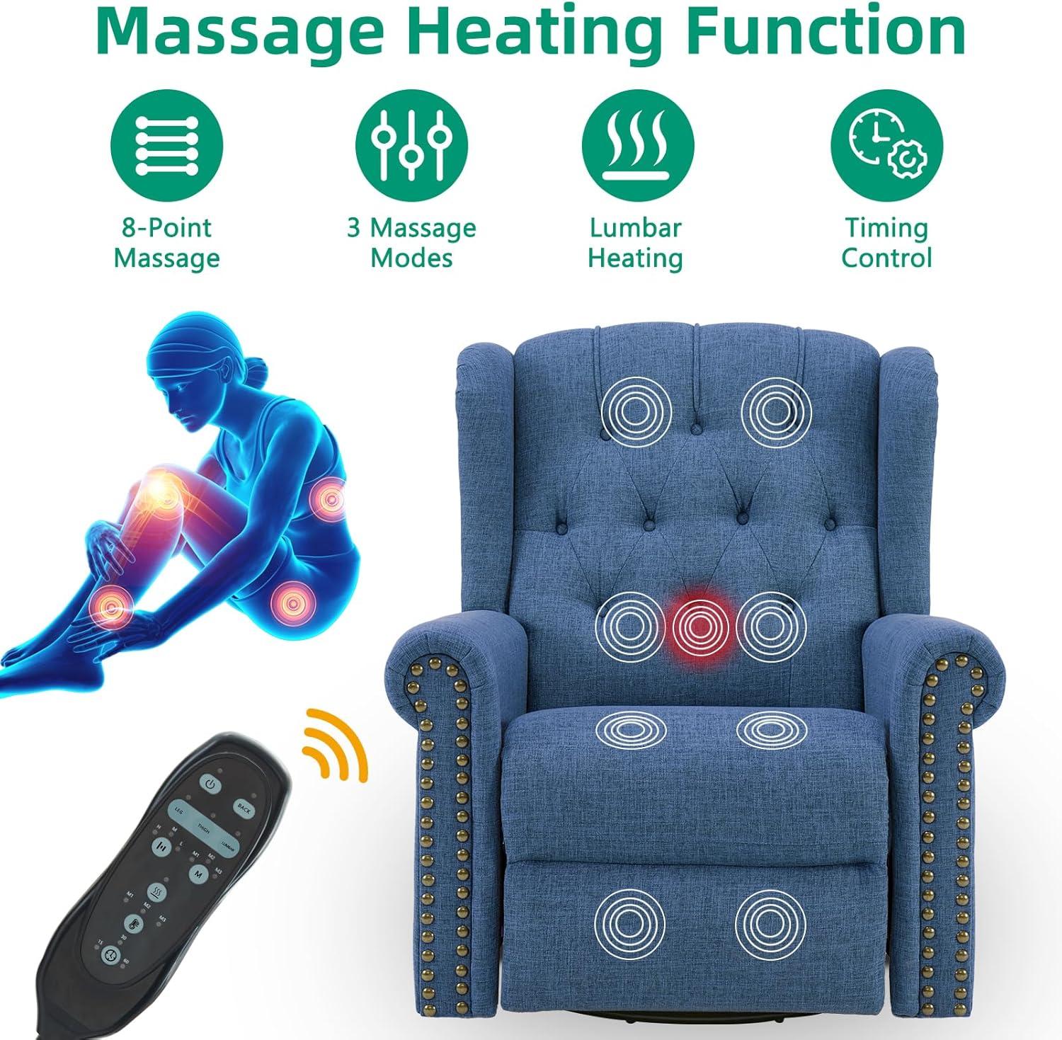 MEETWARM Meetwarm Power Swivel Rocking Glider Recliner Chair With Heat And Vibration, Electric Rocker Nursery Reclining Chair, Wingback Tufted Upholstered Recliner For Living Room, Type-C & Usb Ports