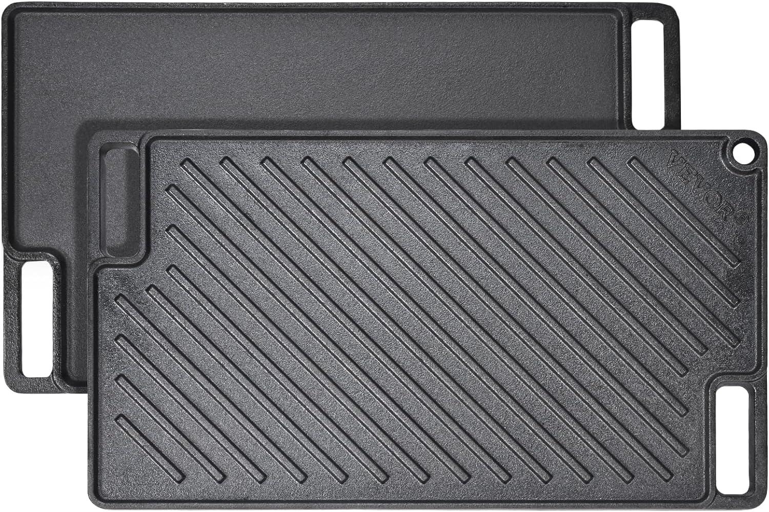 VEVOR Reversible Grill/Griddle, 14x8.5 inch Pre-Seasoned Cast Iron Griddle, Portable Rectangular Pan with Handle, Family Cookware for Indoor/Outdoor Stove Top Burner, Gas, Camping BBQ, Black