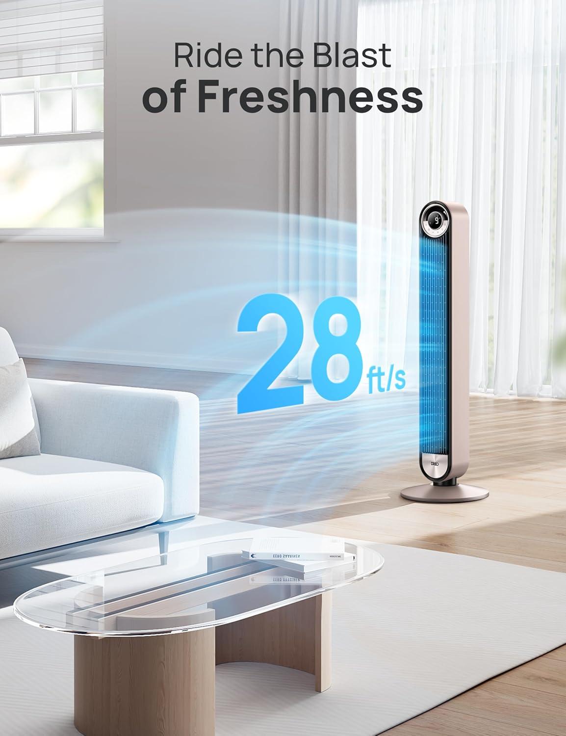 Dreo Tower Fan for Bedroom, 90° Oscillating Standing Fan with 28ft/s Velocity, 25dB Quiet for Sleep, DC Motor, 9 Speeds, 4 Modes, 12H Timer, Voice & APP & Remote Control, 42" Cruiser Pro T2 S