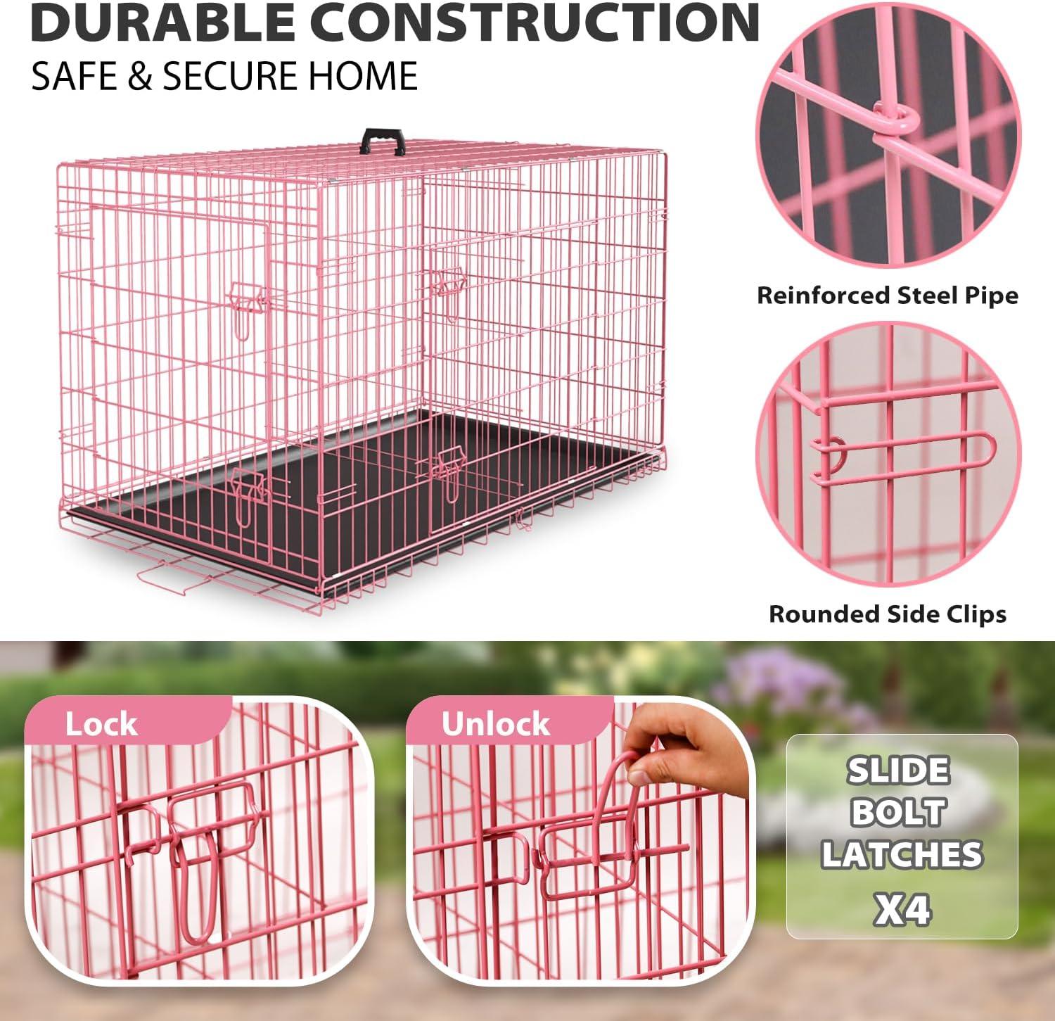 FDW 36 Inch Dog Crates for Large Dogs Folding Mental Wire Crates Dog Kennels Pet Dog Cage Crate with Double-Door Removable Tray and Handle,Pink