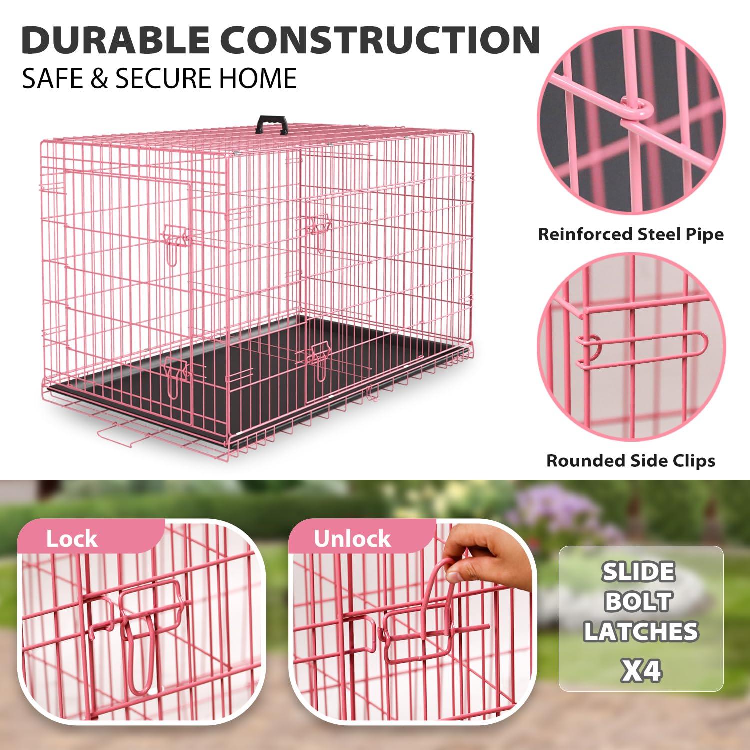 FDW 36 Inch Dog Crates for Large Dogs Folding Mental Wire Crates Dog Kennels Pet Dog Cage Crate with Double-Door Removable Tray and Handle,Pink