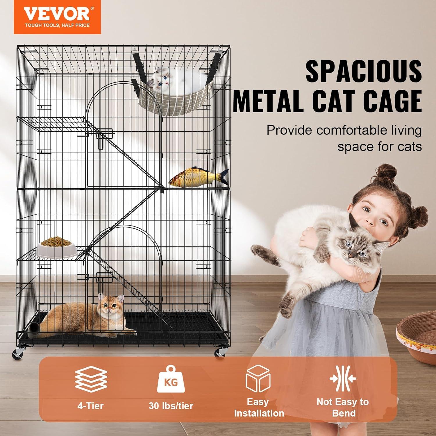 Large Black and Gray Rolling Metal Cat Cage with Hammock