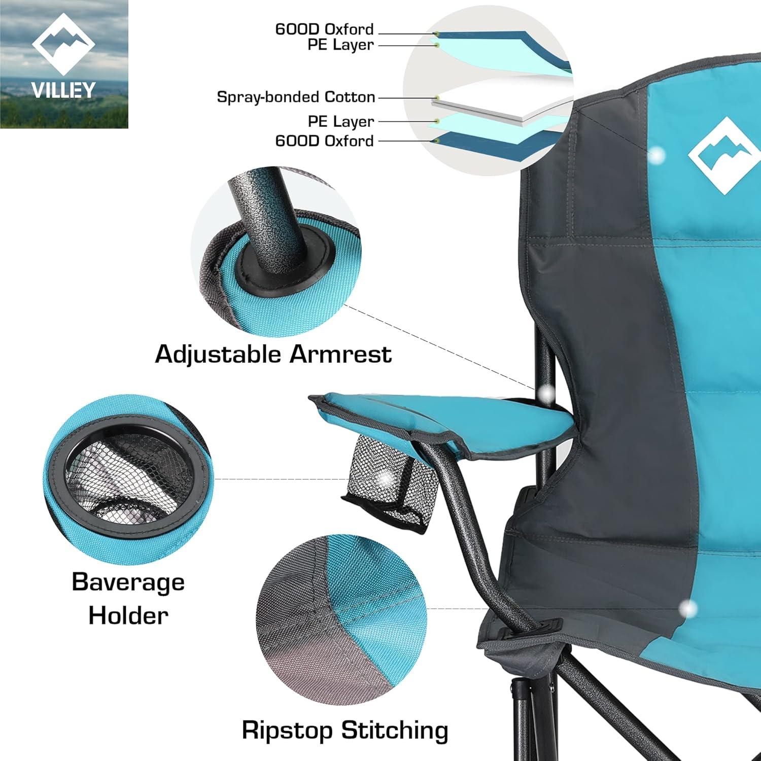 VILLEY Oversized Camping Chair, Heavy Duty Support 450 lbs, Folding Camp Chair, Portable Outdoor Chairs with Padded Seats, Cooler Bag, Cup Holder, Carry Bag for Camping, Lawn, Beach, Hiking, Blue