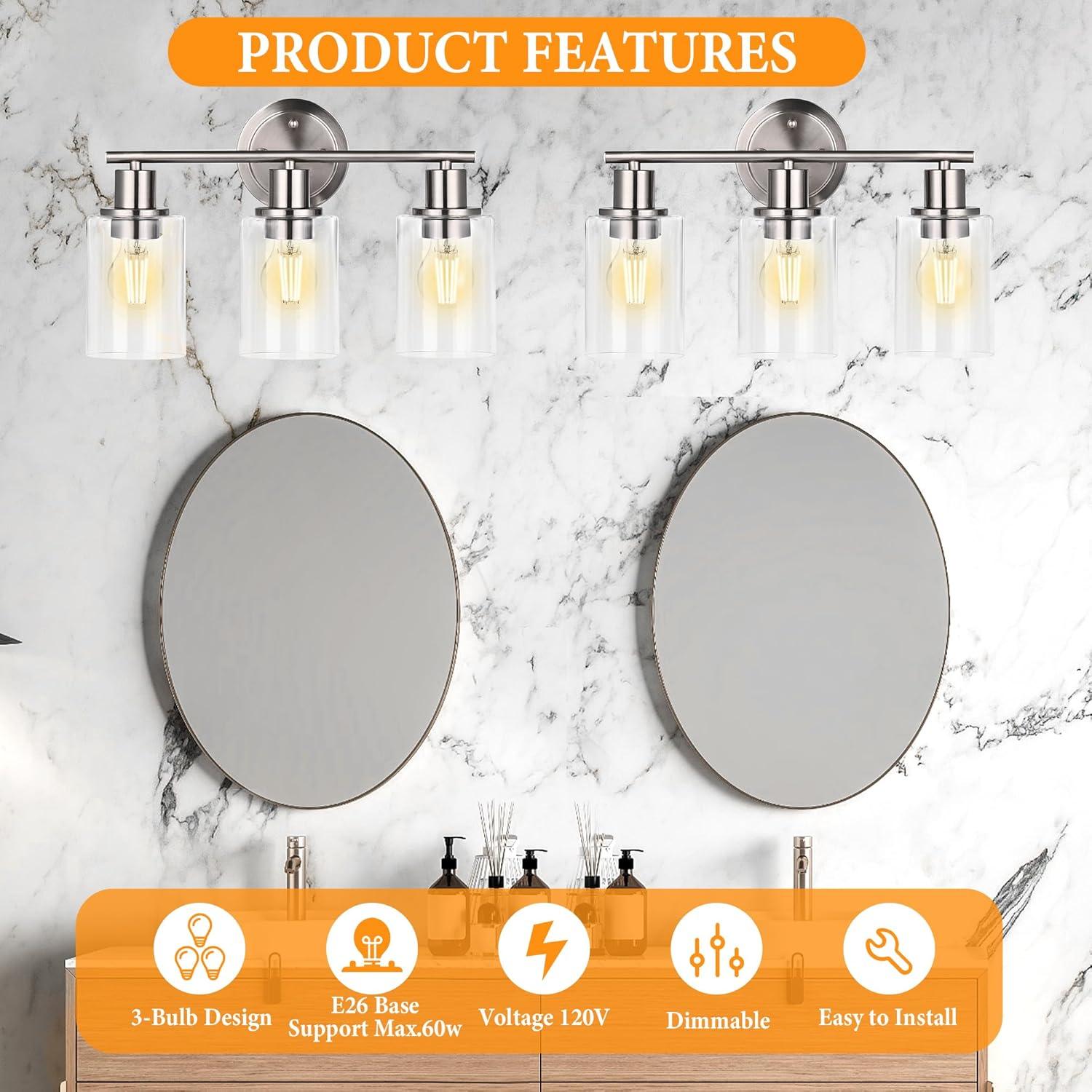 Vanity Wall Light Fixtures, Modern 3 Lights Wall Sconce with Clear Glass Shade, Brushed Nickel Farmhouse Wall Lamp for Bathroom Mirror Kitchen Porch Living Room Workshop (E26 Base)