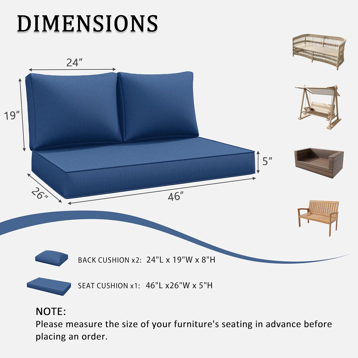 Outdoor Loveseat Cushion Set 46 X 26 Inch Water Repellent & Fadeness Patio Furniture Cushions,Removable Outdoor Couch Cushions with Hidden Zipper & Adjustment Staps for Couch, Bench, and Swing