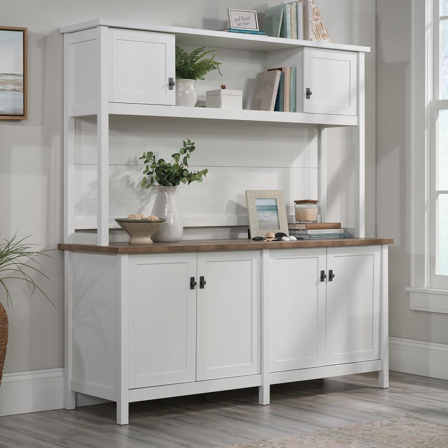 White and Oak Engineered Wood Credenza with Hutch