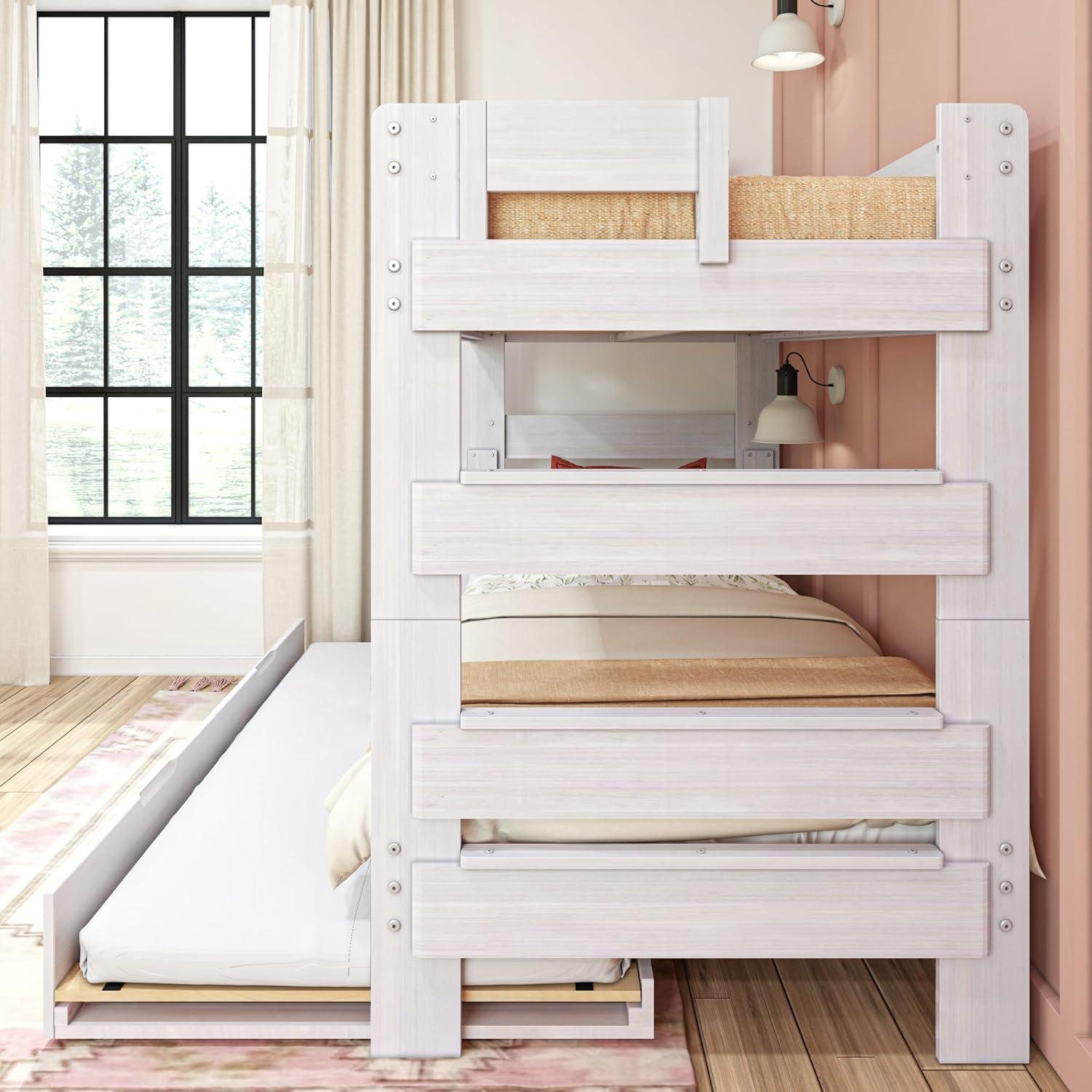Max & Lily Solid Wood Modern Farmhouse Twin over Twin Bunk Bed with Trundle, White Wash