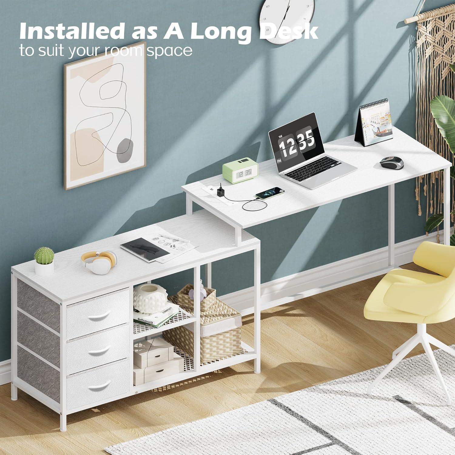 SUPERJARE L Shaped Desk with Power Outlets, Computer Desk with Drawers & Shelves, Corner Desk Gaming Desk Home Office Desk, Gray