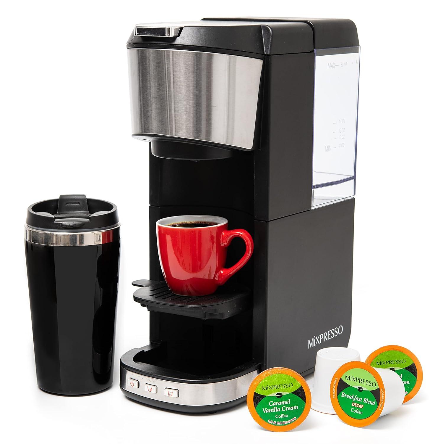 Mixpresso Coffee Maker Single Serve For Ground Coffee & Compatible With K Cup Pods, With 14oz Travel Mug & Reusable Filter For Home, Office & Camping, 30oz Removable Water Tank.