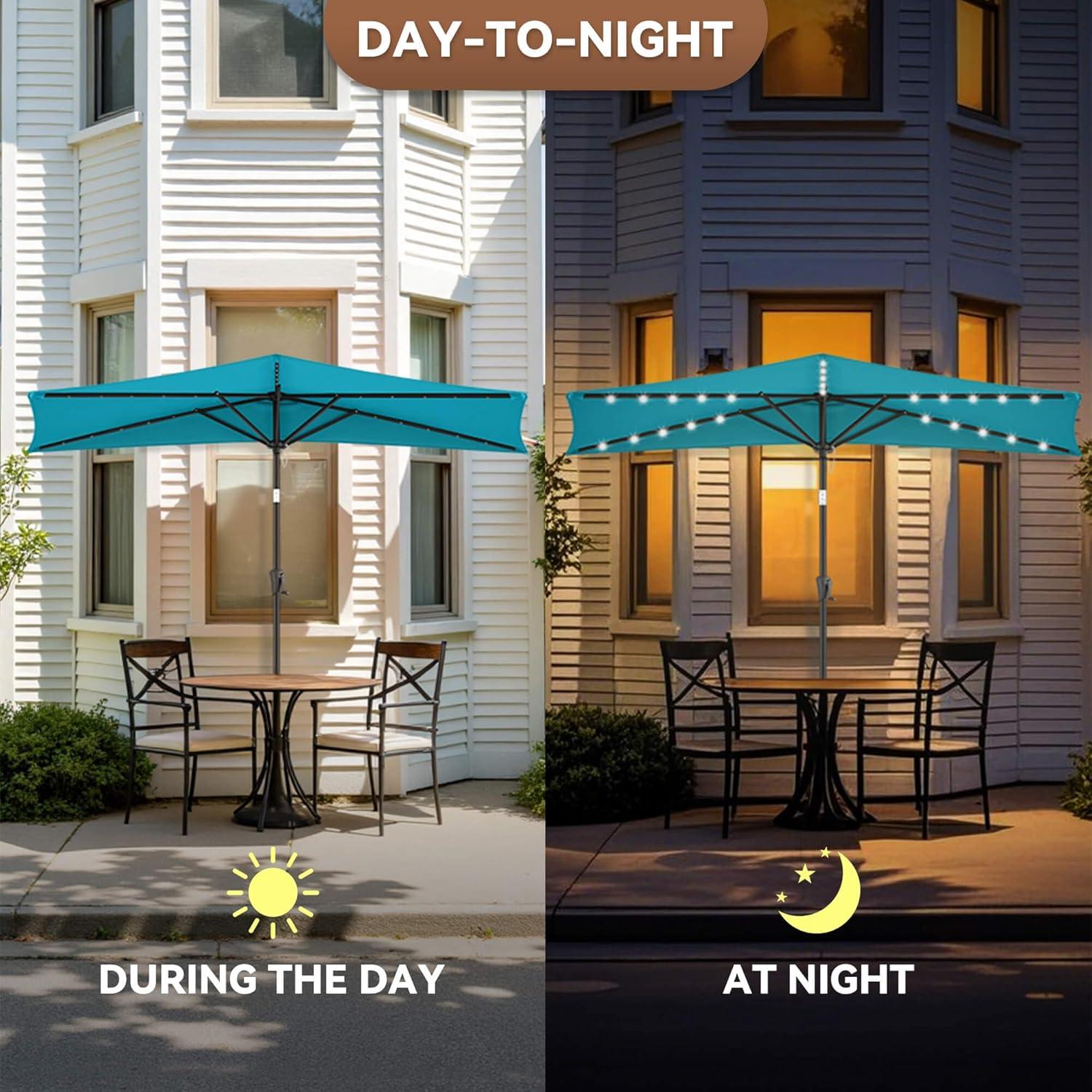 FLAME&SHADE 9 ft Half Round Solar Powered Outdoor Market Patio Table Umbrella for Wall Balcony with LED Lights and Tilt, Aqua Blue