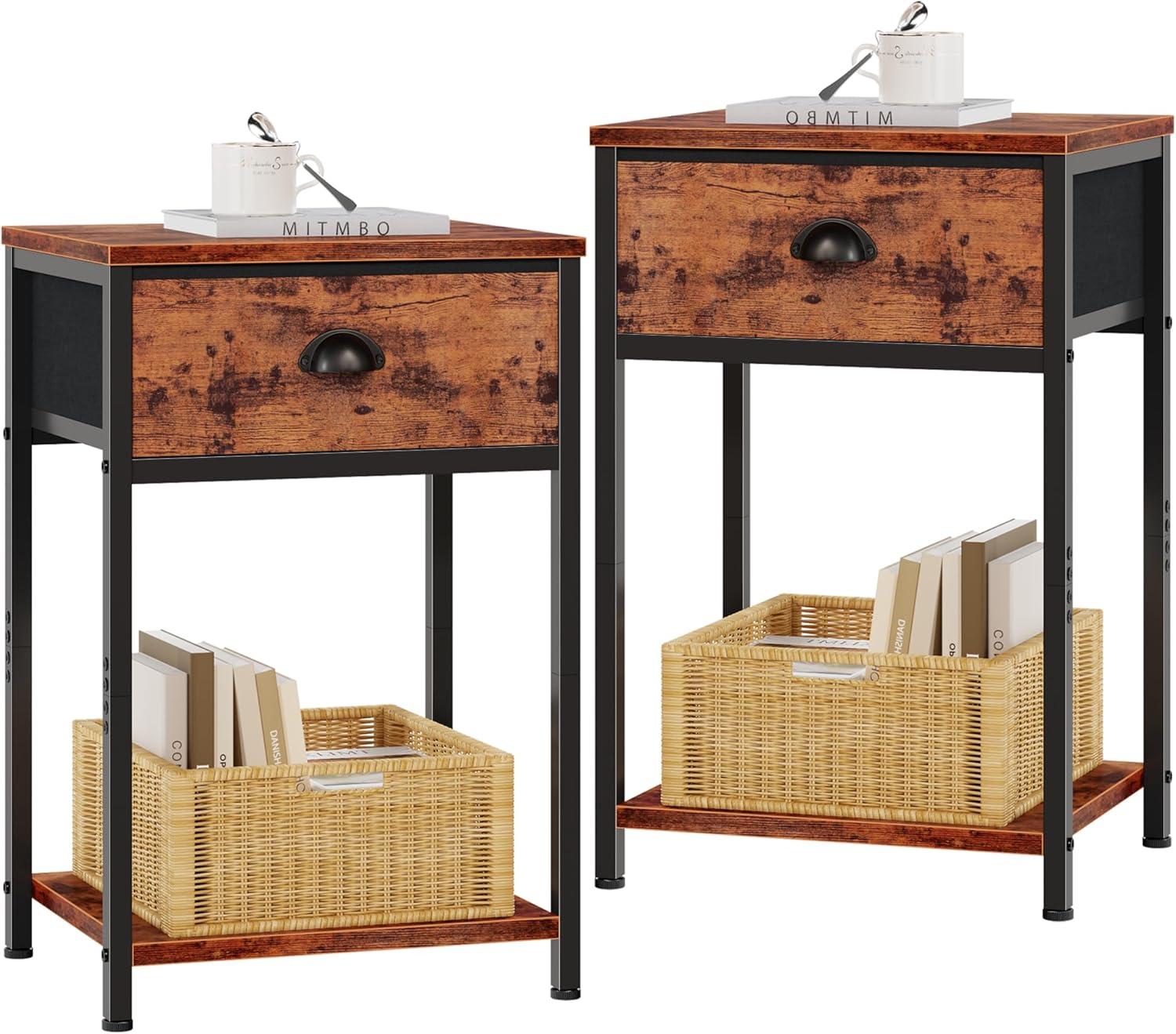 Furologee Nightstands Set of 2, Industrial End Table with Fabric Drawer & Storage Shelf, Retro Bedside Tables Organizer, Sturdy Side Table for Living Room, Bedroom