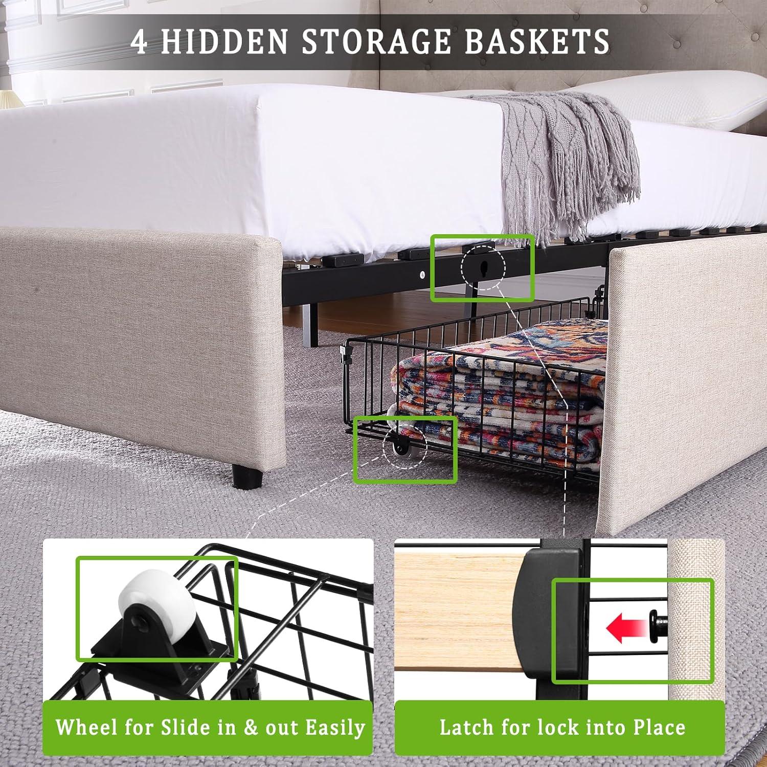 Huloretions Queen Bed Frame With Charging Station,Platform Bed With 4 Storage Drawers,Upholstered Wingback Headboard And Storage Shelf,No Box Spring Needed Easy Assembly