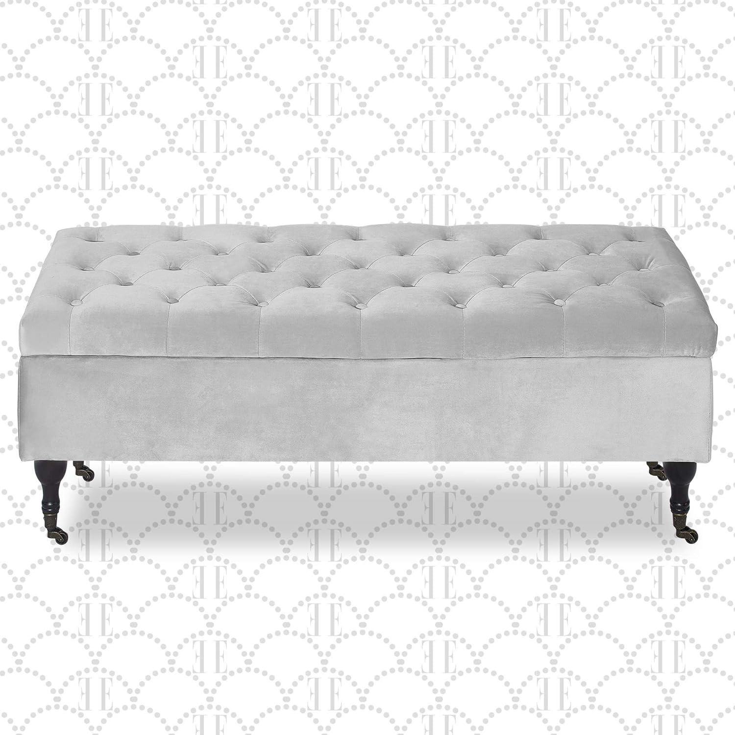 Collette Tufted Storage Bench Pearl Gray Velvet - Adore Decor: Upholstered Ottoman with Hinged Lid, Bedroom Furniture