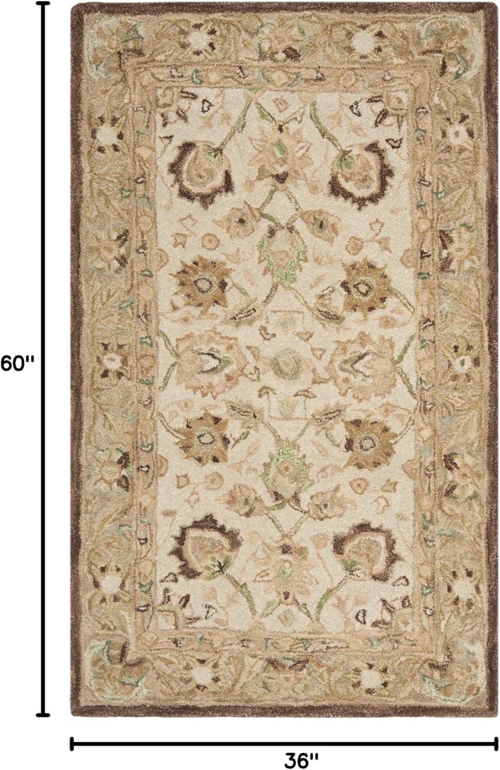 Ivory and Brown Floral Wool Handmade Tufted Rug, 3' x 5'