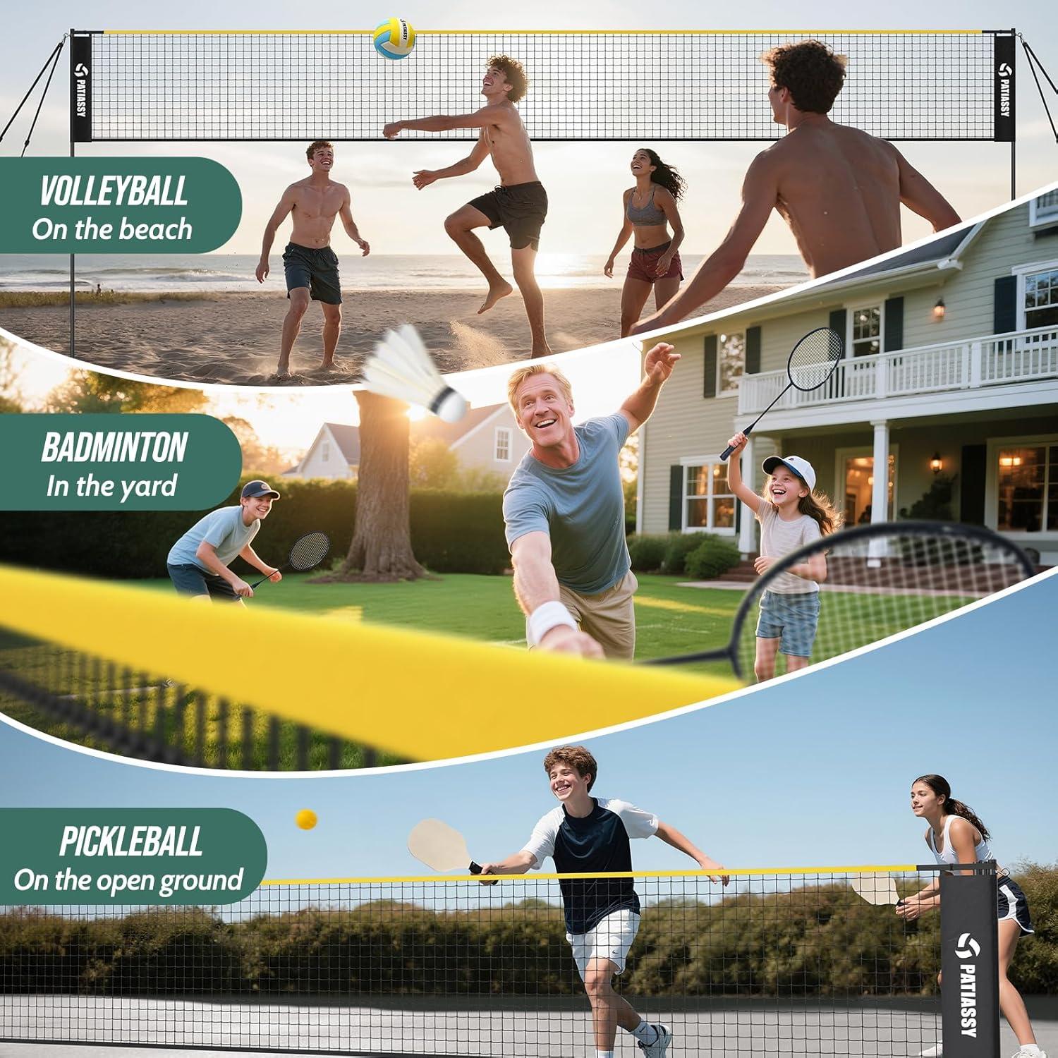 17FT Badminton Volleyball Combo Net Set for Backyard, 5.1ft-7.4ft Adjustable Heigh Portable Sports Net with Poles, 4 Badminton Rackets, 3 Shuttlecocks and Volleyball for Driveway Game
