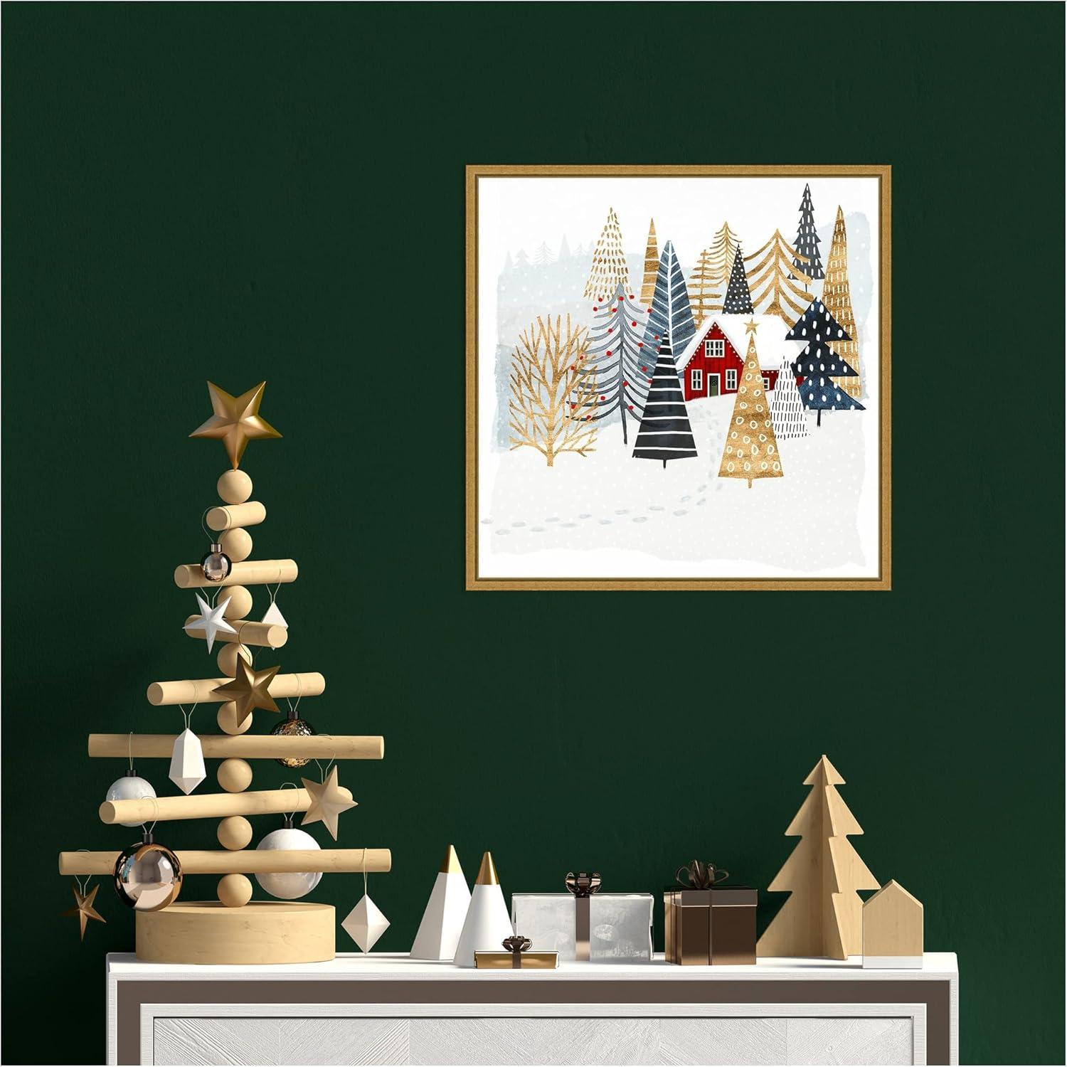 Christmas Chalet Red Cabin Canvas Print with Gold Frame