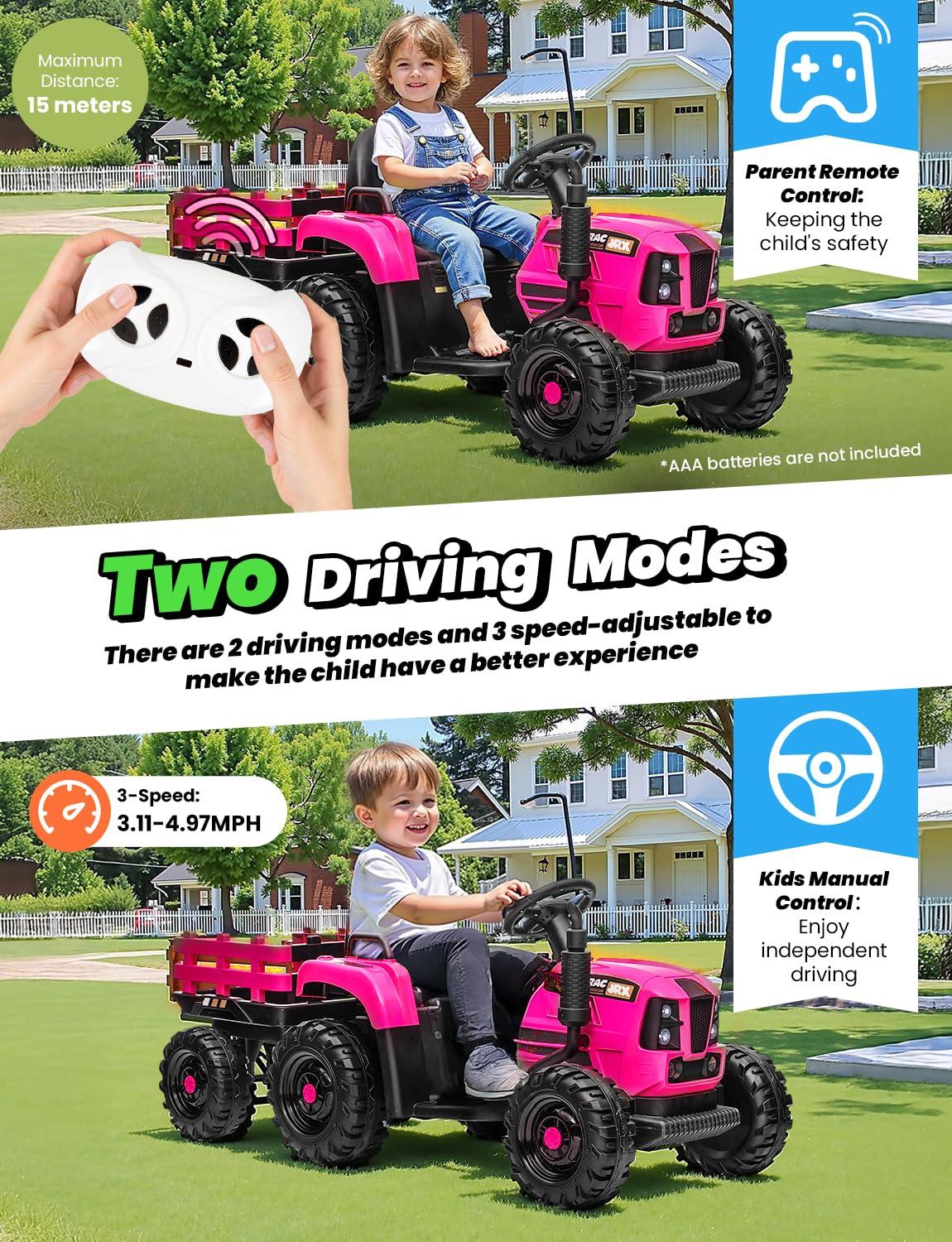 24V 400W Powered Electric Tractor for Kids, 3-Speed Ride On Tractor with Remote Control, USB/MP3/Bluetooth, LED Lights, Safety Belt, 1.86-4.97 MPH，Green