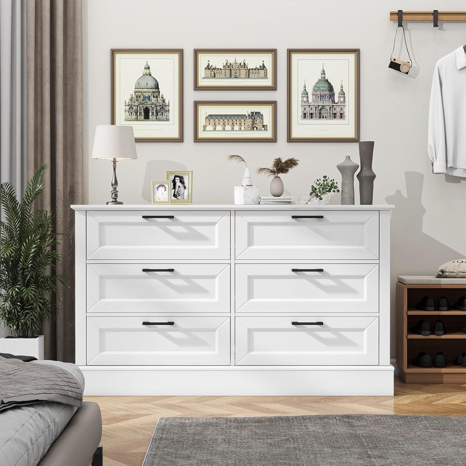 White 6 Drawer Dresser for Bedroom, Modern Chest of Drawers with Deep Drawers, Wood Double Dresser for Storage Clothes