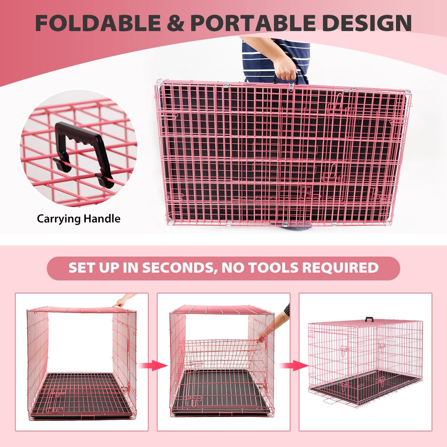 FDW 36 Inch Dog Crates for Large Dogs Folding Mental Wire Crates Dog Kennels Pet Dog Cage Crate with Double-Door Removable Tray and Handle,Pink