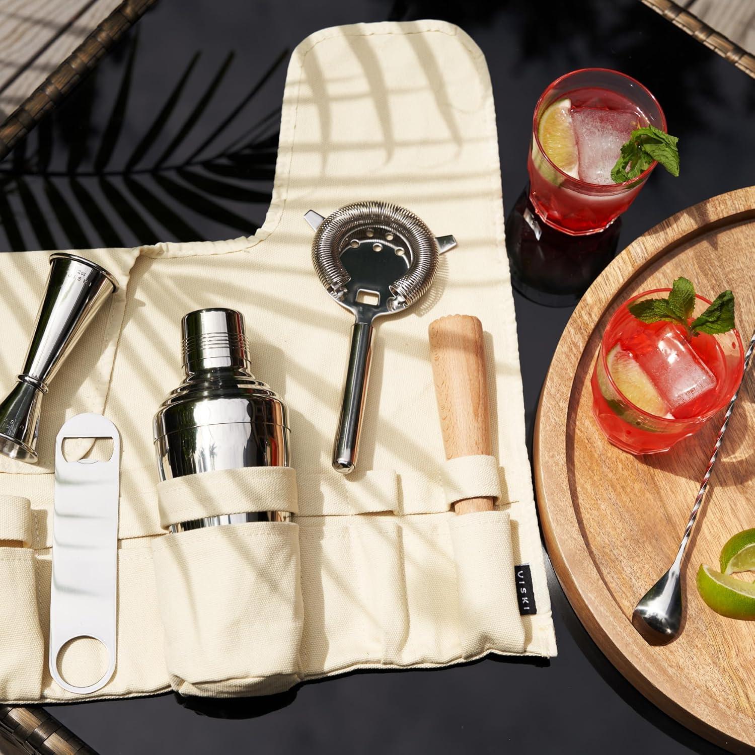 Viski 7-Piece Stainless Steel Travel Bar Barware Set