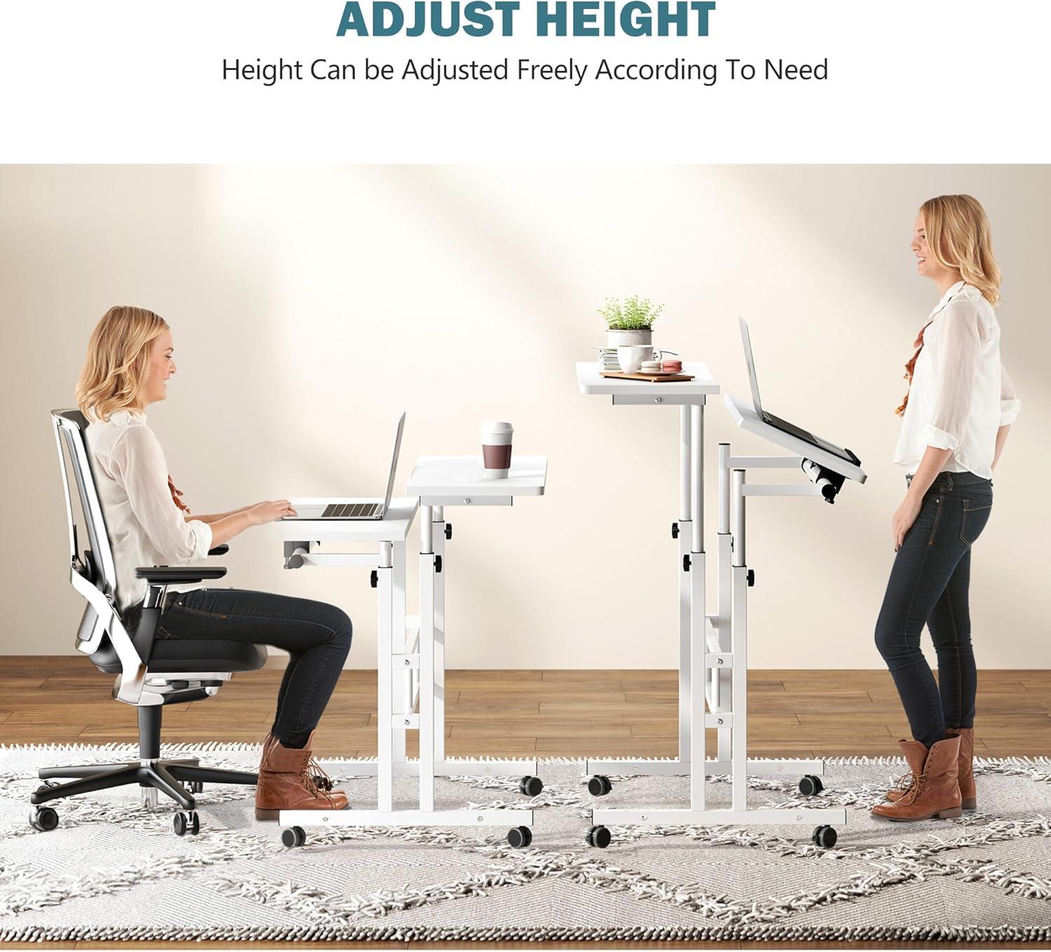 QuellQuest Adjustable Laptop Desk with Wheels Home Office Workstation Rolling White Table Laptop Cart for Standing or Sitting