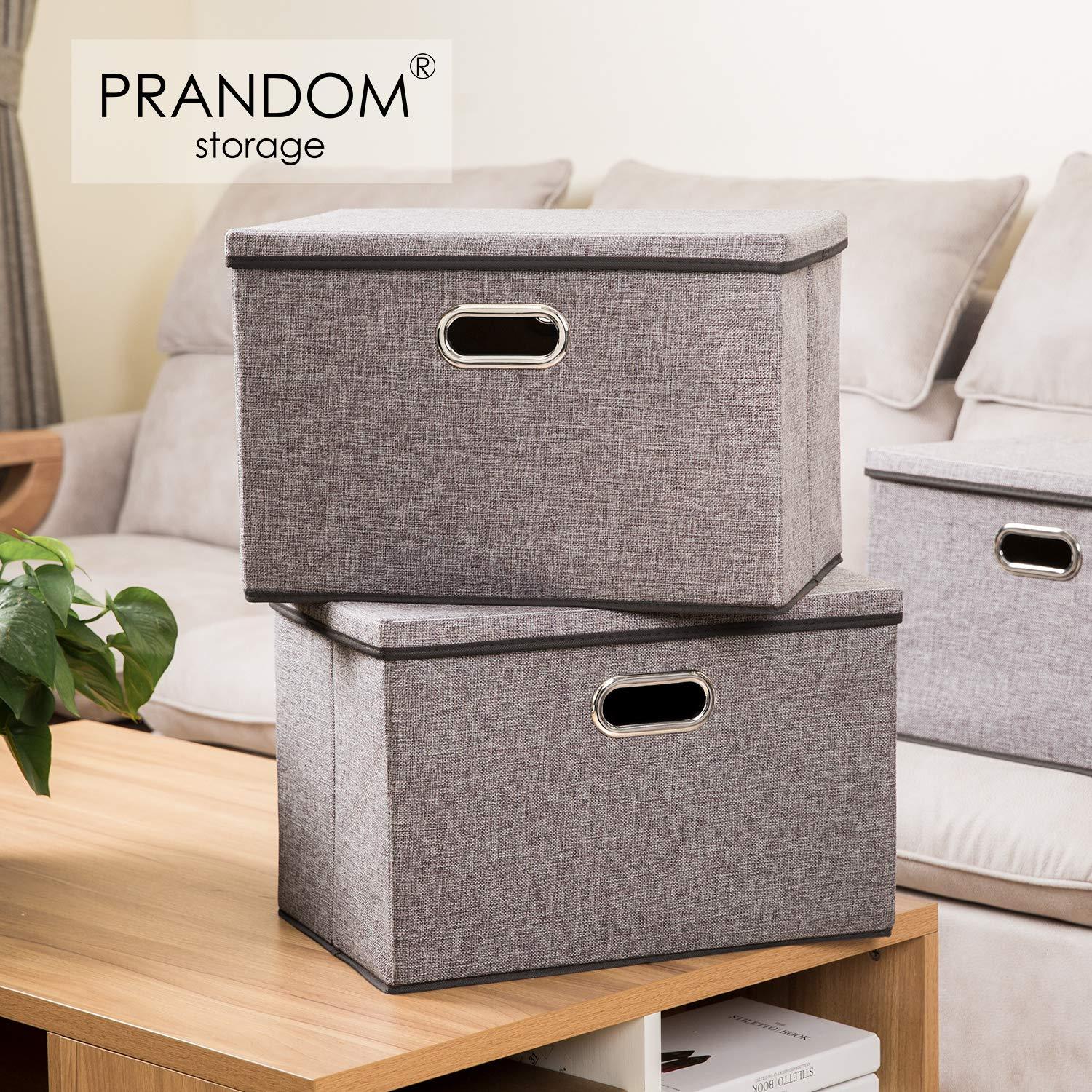 3 Pack Collapsible storage bins with lid. Foldable Storage bins for shelves, closet, office bedroom, or nursery. Containers made with linen fabric and stainless steel handles for organizing.
