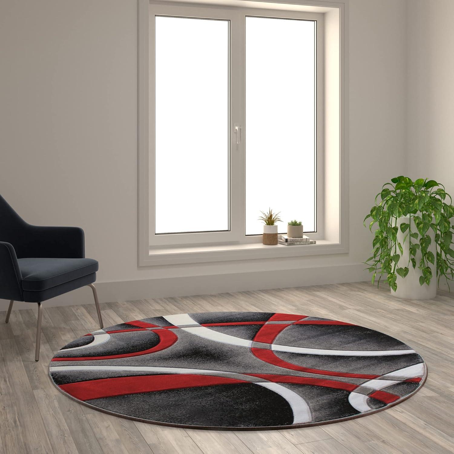 Modern Red and Gray Abstract Round Synthetic Area Rug 5' x 5'