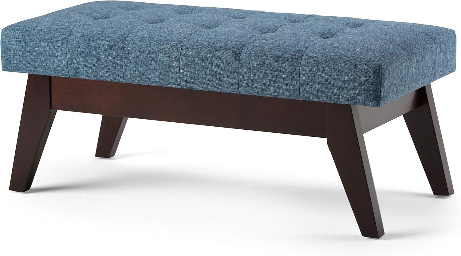 Draper 40 in. W Solidwood Tufted Ottoman Bench in Denim Blue Linen Look Fabric