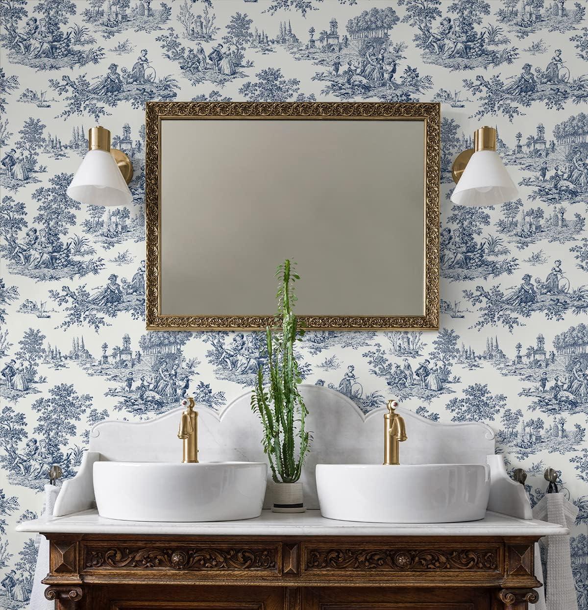 Navy Blue Chateau Toile Peel and Stick Wallpaper