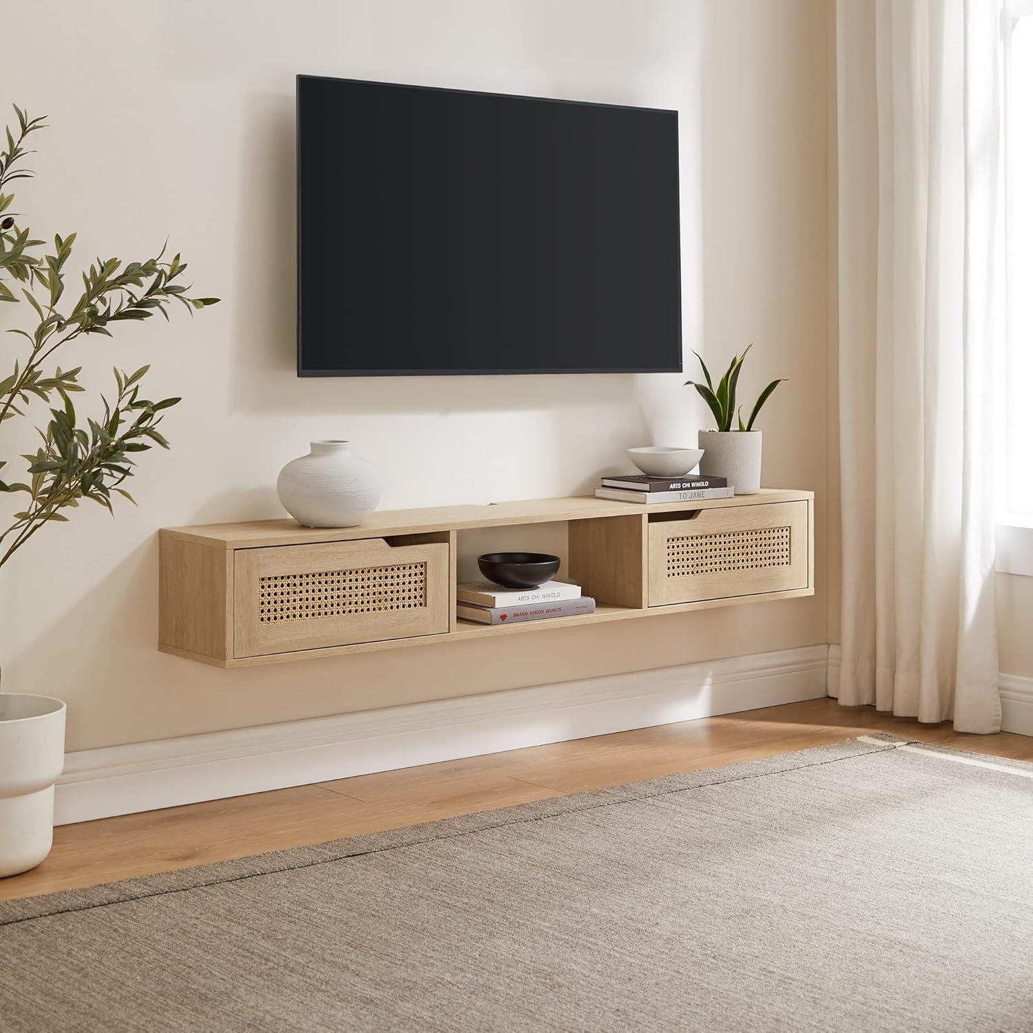 Walker Edison Modern Floating Rattan-Door TV Stand for TVs up to 65”, Coastal Oak