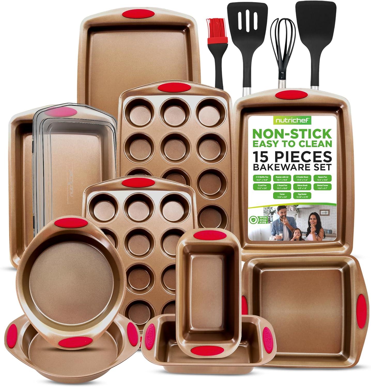 NutriChef 15-Piece Gold Non-Stick Carbon Steel Bakeware Set