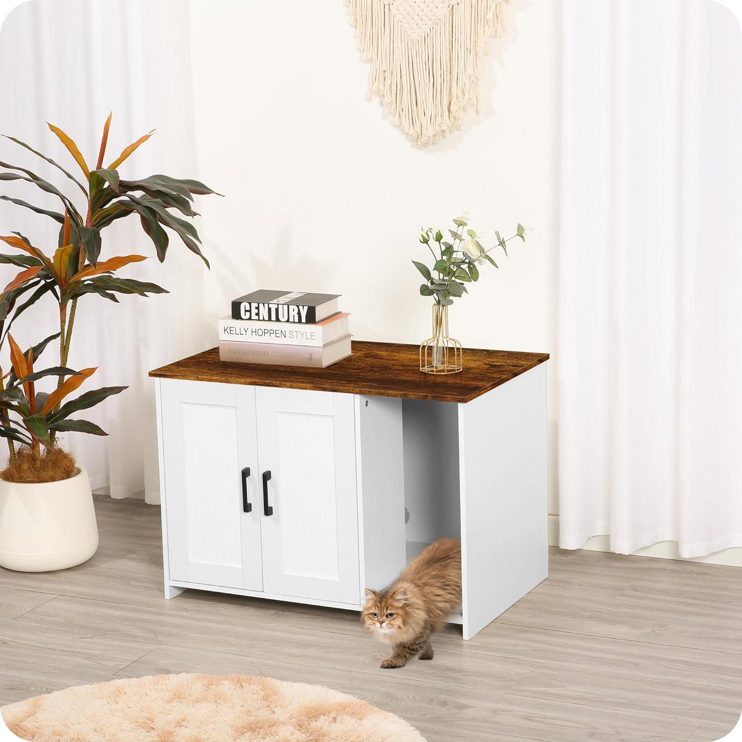 Litter Box Enclosure, Cat Litter Box Furniture Hidden, With Scratching Mat, Wooden Cat Washroom Indoor, Fit Most Of Litter Box, 31.5" L X 19.7" W X 21.7" H, White + Warm Brown