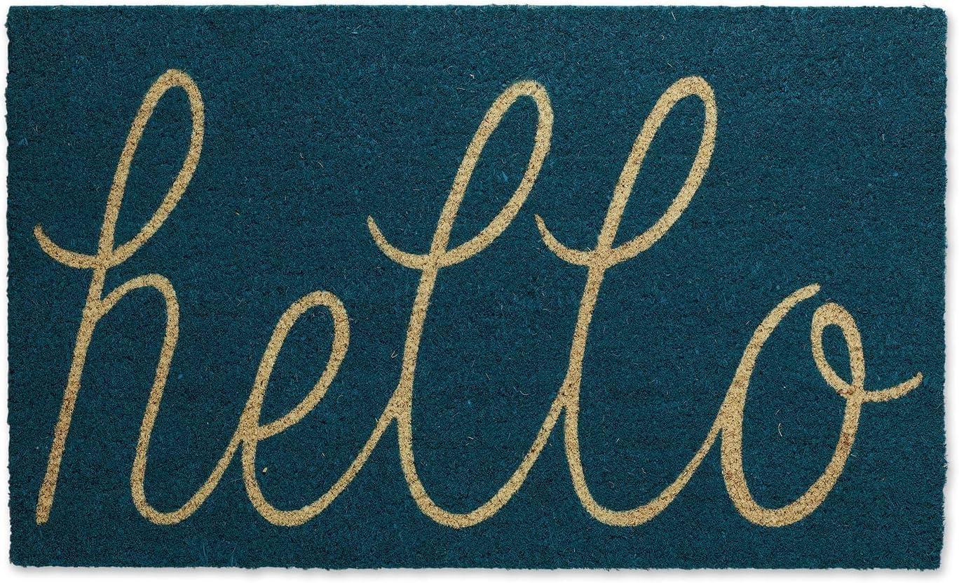 DII Hello Coir Fiber Doormat Non-Slip Durable Outdoor/Indoor, Pet Friendly, 17x29", Storm Blue