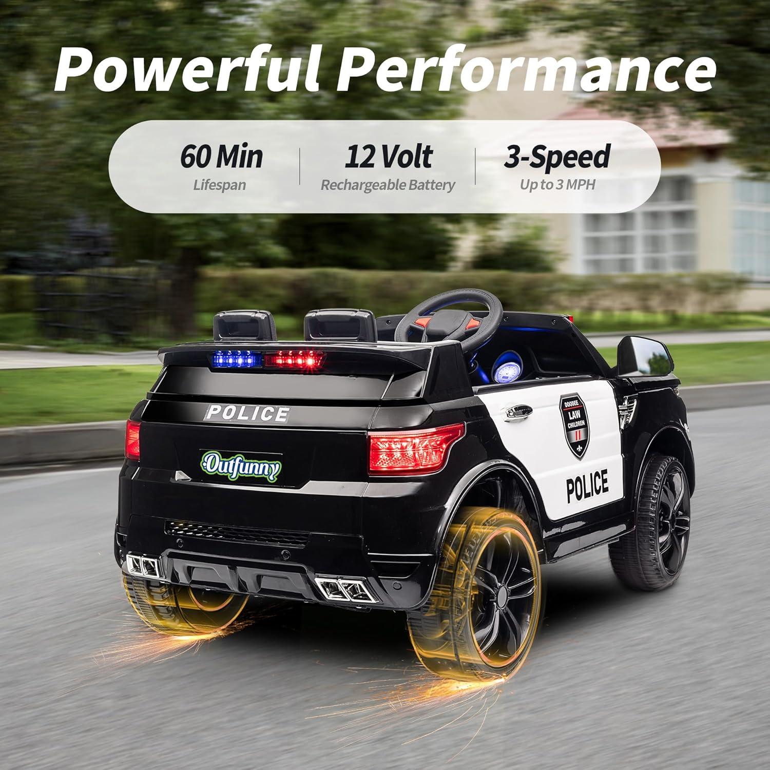 Outfunny Electric Police Car for Kids, 12 Volt Kids Ride on Toy Car with Remote Control, Bluetooth, Megaphone