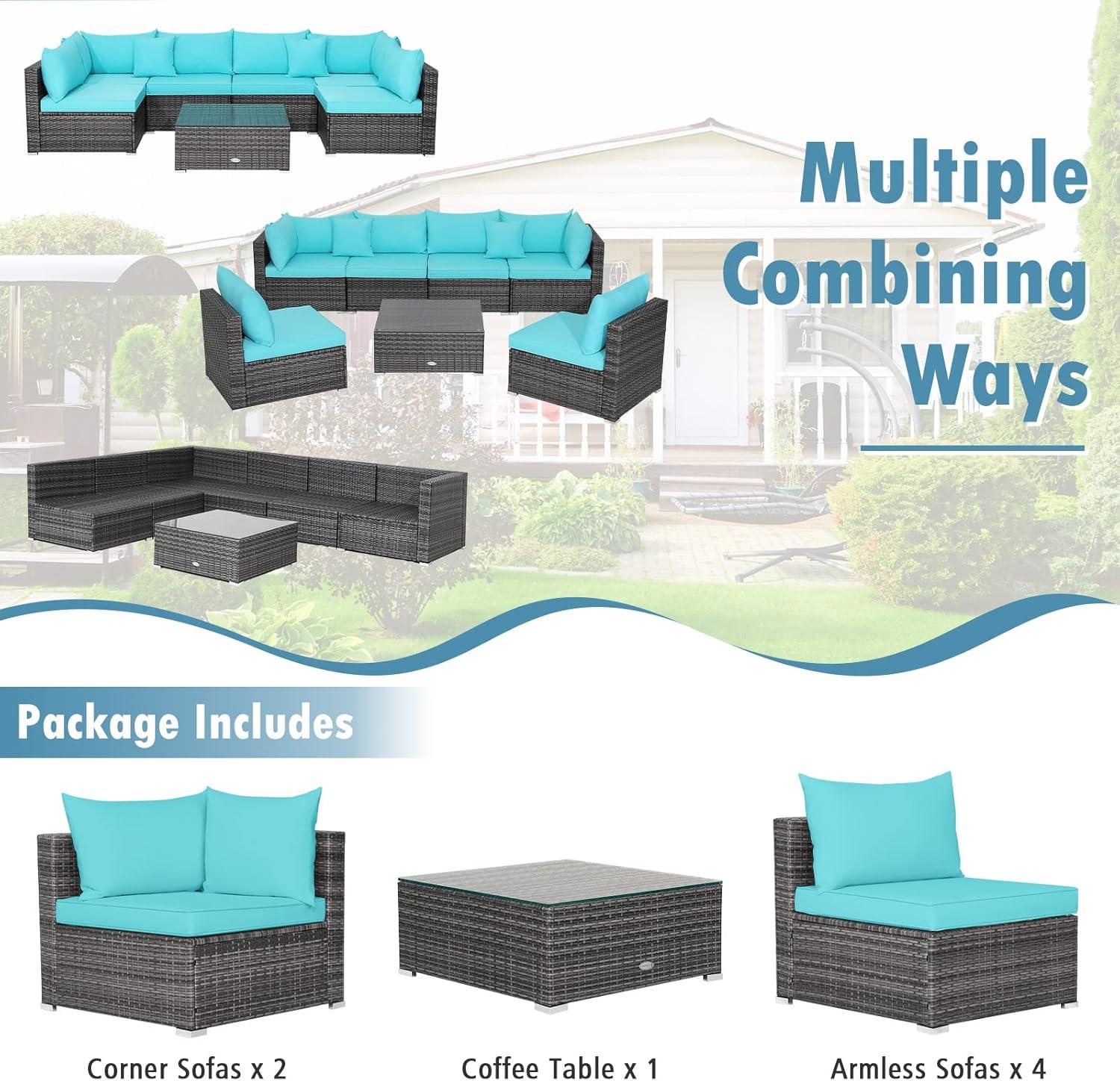 Costway 7PCS Patio Rattan Furniture Set Sectional Sofa Cushioned Turquoise