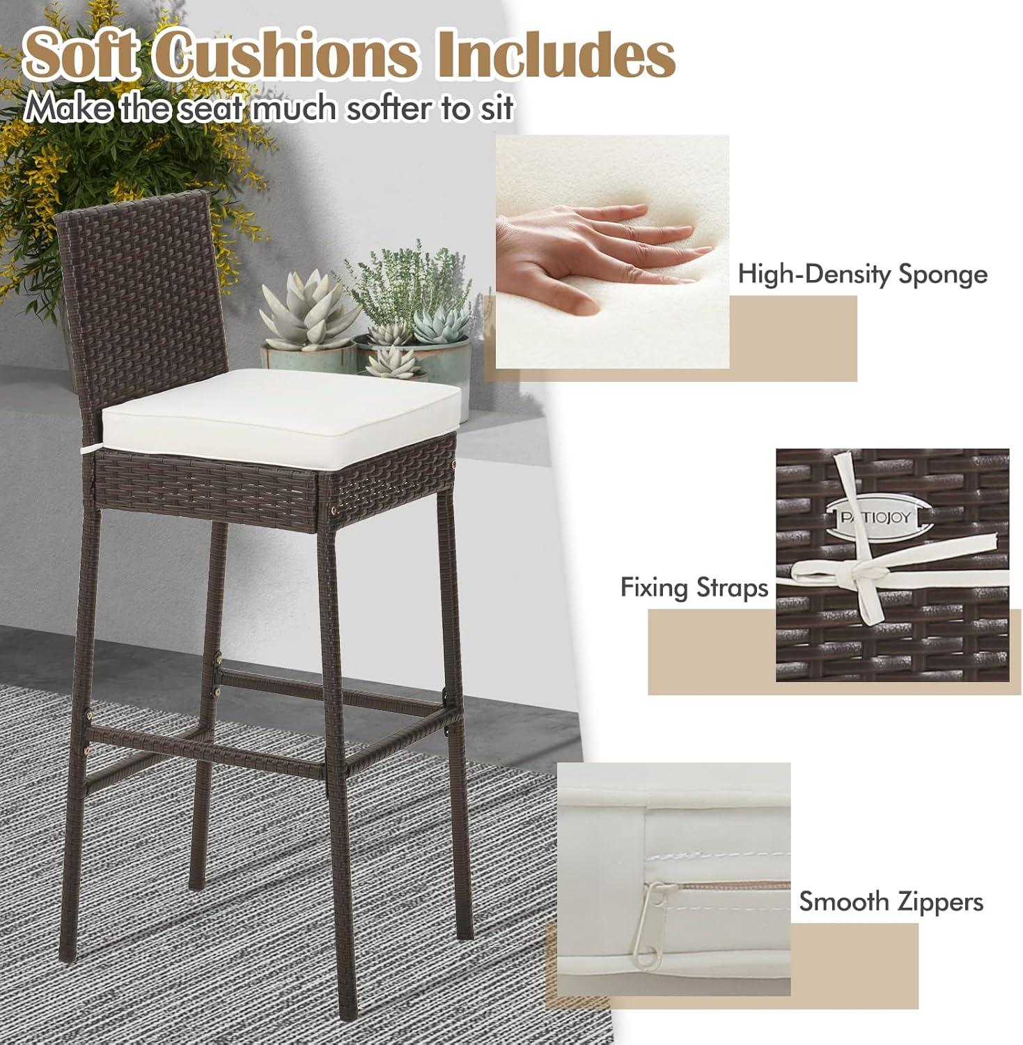 Kepooman Outdoor Bar Stool, 2 Pieces Patio Cushioned Wicker Barstools with Cozy Footrest-Set of 2