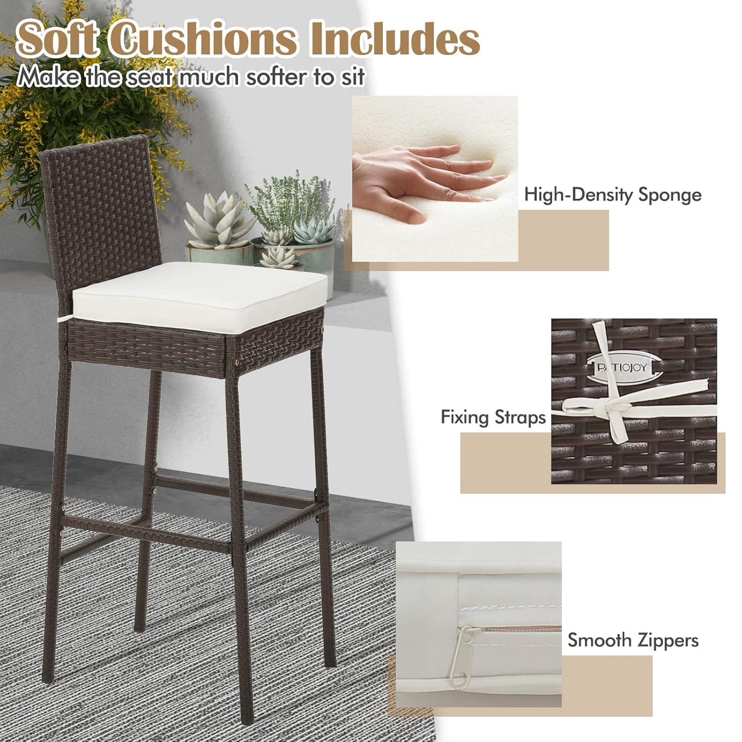 Kepooman Outdoor Bar Stool, 2 Pieces Patio Cushioned Wicker Barstools with Cozy Footrest-Set of 2