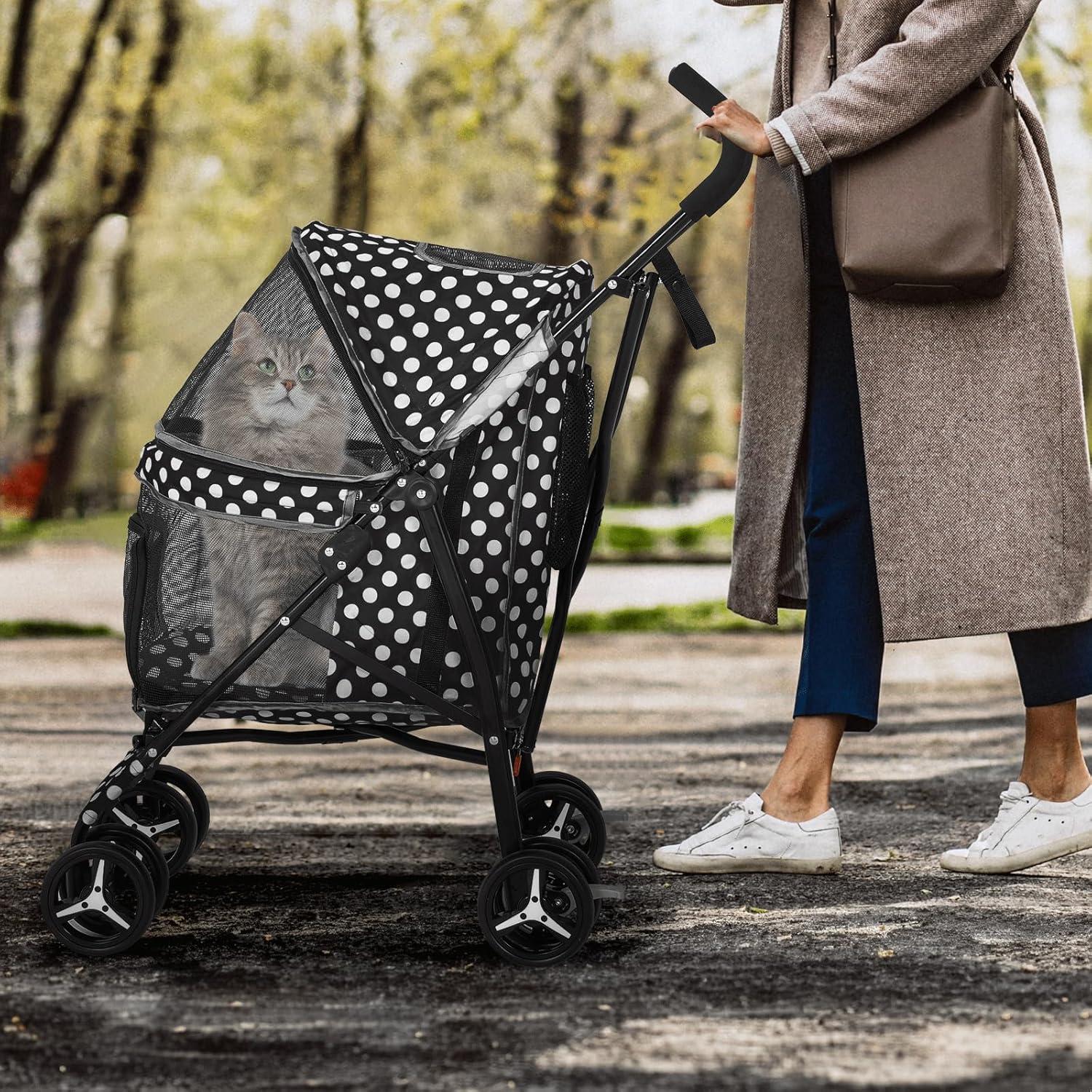 MoNiBloom 4 Wheel Foldable Lightweight Pet Trolley for Cats & Dogs, Black with White Polka Dots