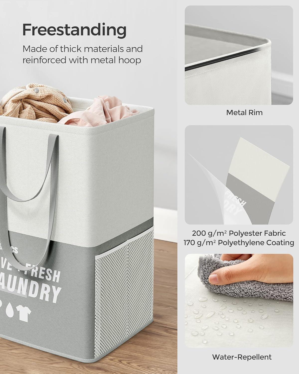 SONGMICS Laundry Baskets, Laundry Hamper with 2 Compartments, 23.8 Gallon (90L) Set of 2 Collapsible Water-Repellent Clothes Hampers, Tall Laundry Bag for Bedroom Bathroom, Light Gray ULCB209G12