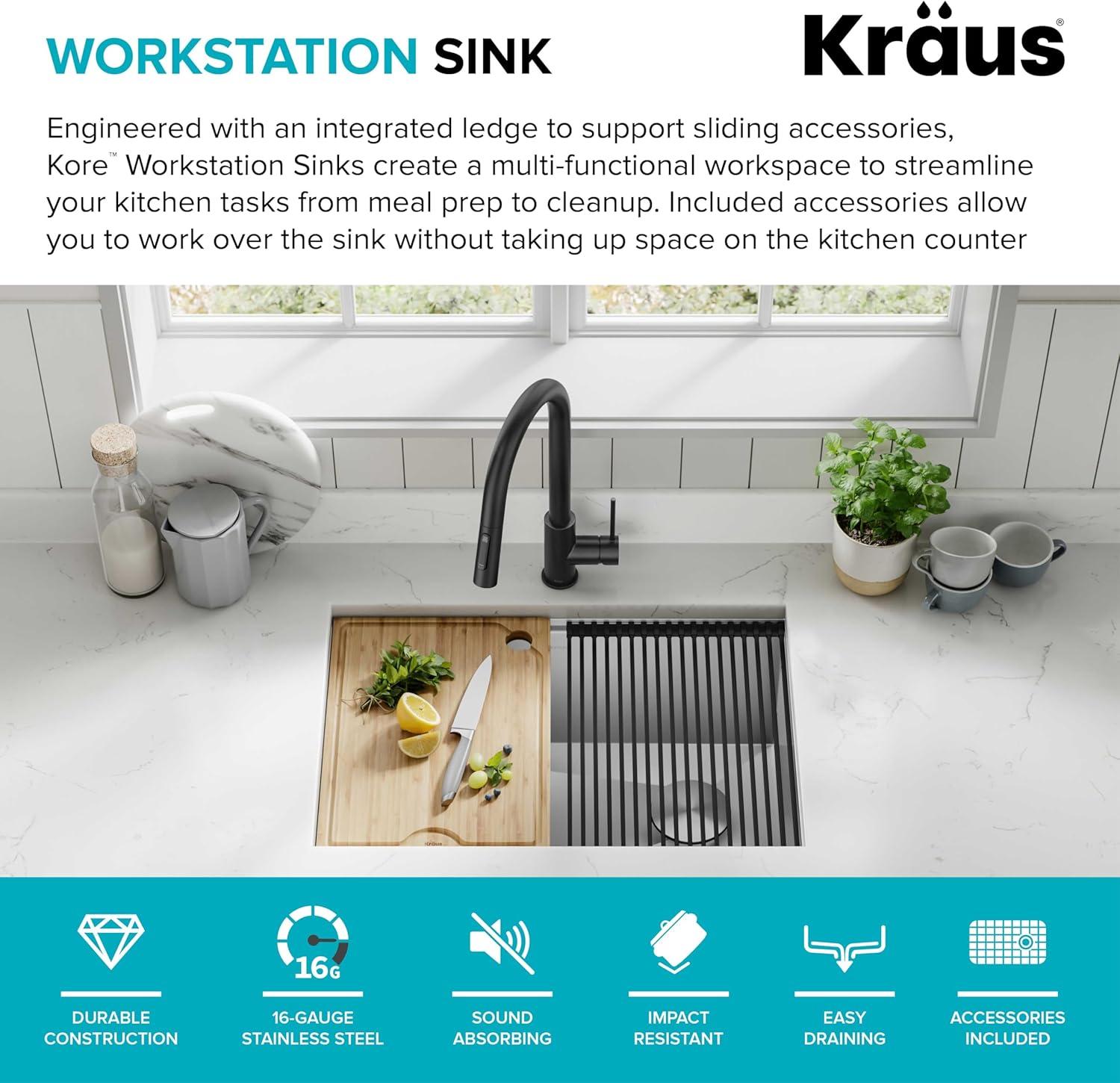 KRAUS Kore™ Workstation 27-inch L Undermount 16 Gauge Single Bowl Stainless Steel Kitchen Sink with Accessories