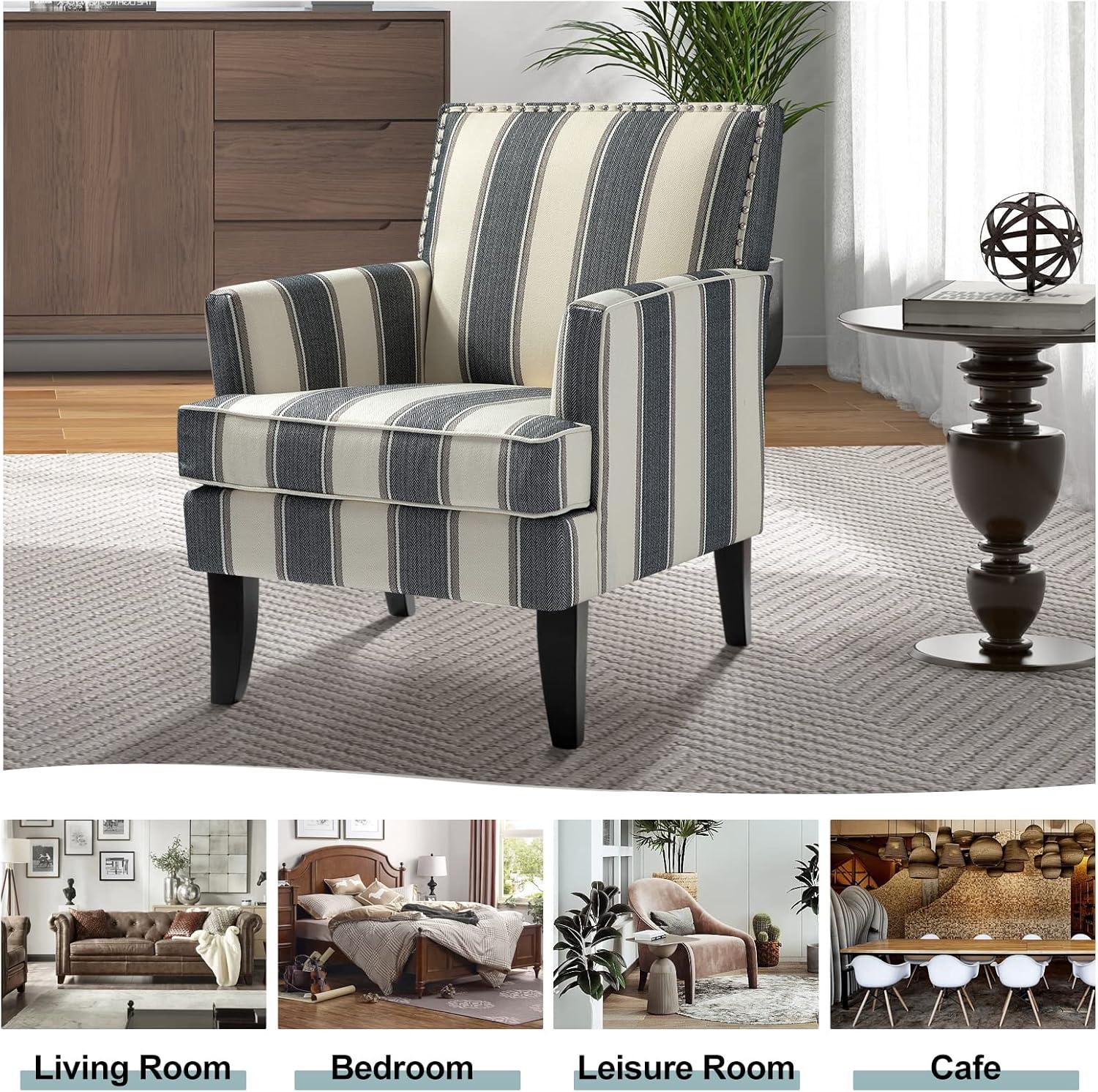 Upholstery Armchairs Set of 2 Accent Chairs Sofa Couch Wood Leg Nailhead Trim Home Living Room Bedroom Stripe White Black