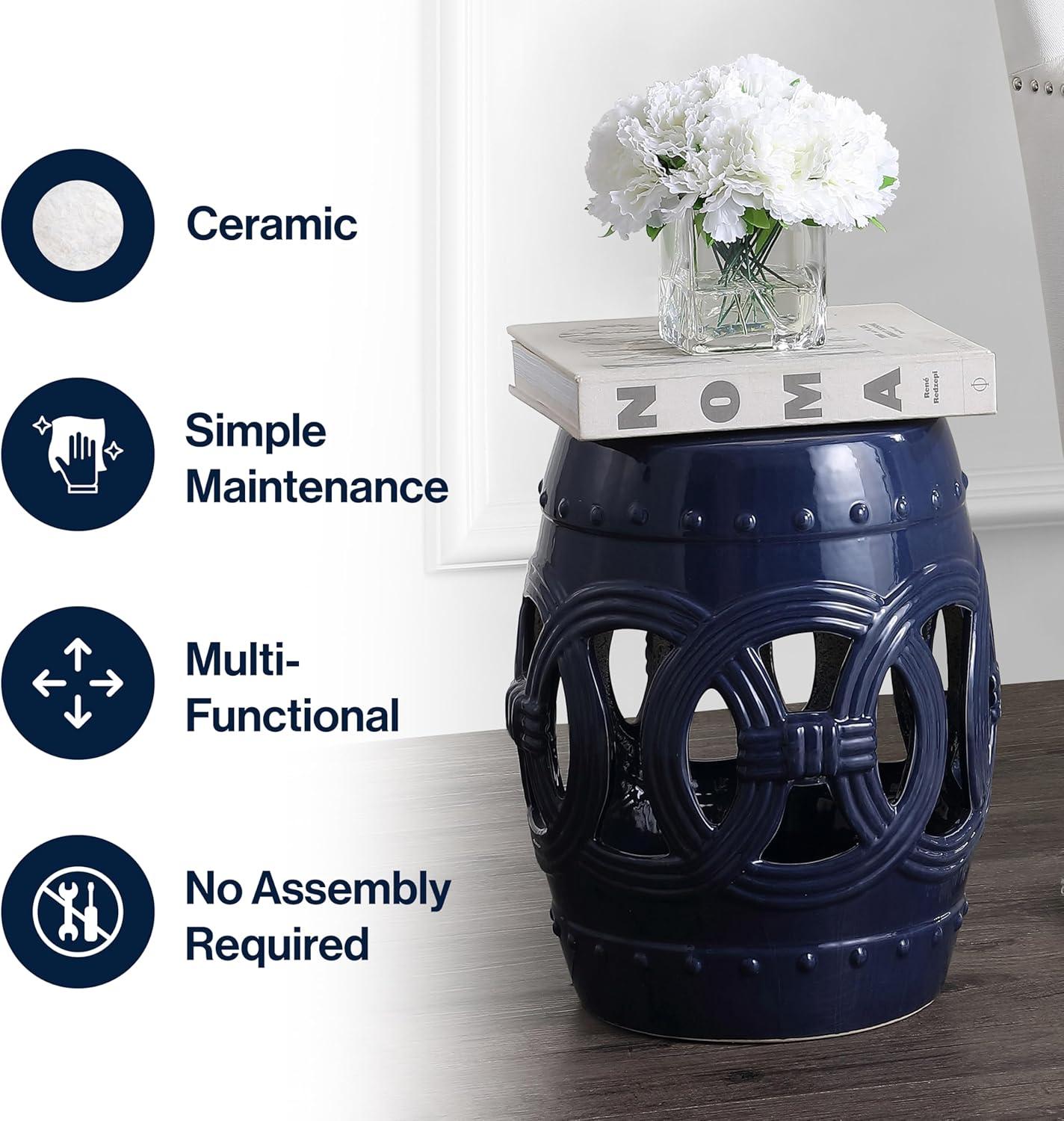 Lucky Coins 16" Eastern-Inspired Ceramic Drum Garden Stool, Navy - JONATHAN Y