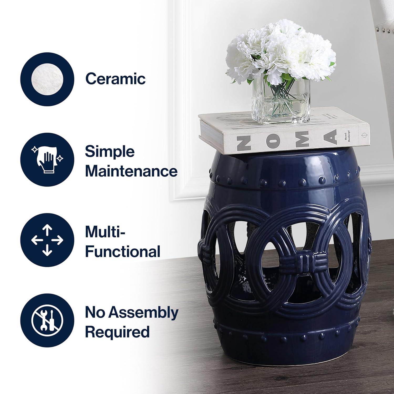 Lucky Coins 16" Eastern-Inspired Ceramic Drum Garden Stool, Navy - JONATHAN Y