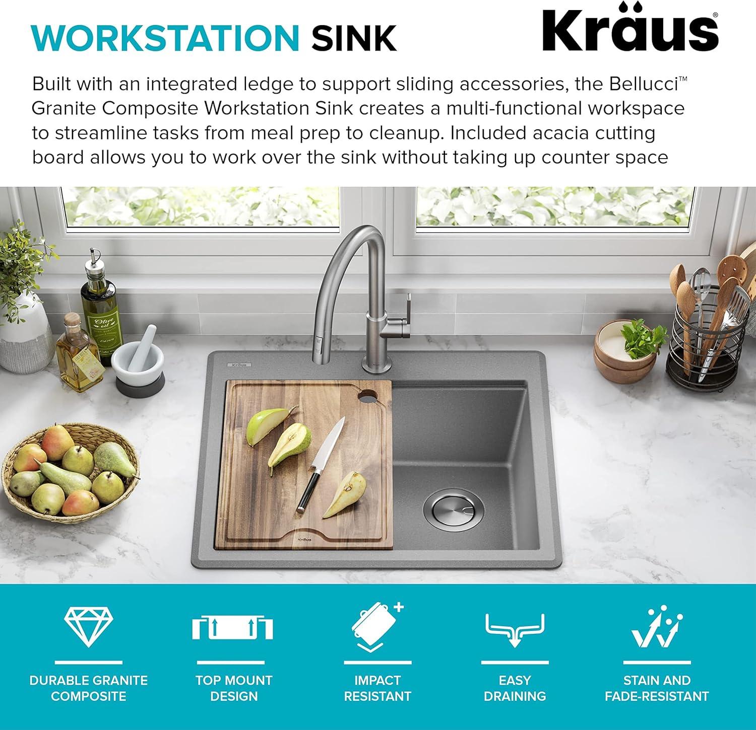 Kraus KGTW12-25MGR KRAUS Bellucci Granite Composite Workstation Drop-In Top Mount Single Bowl Kitchen Sink with Accessories