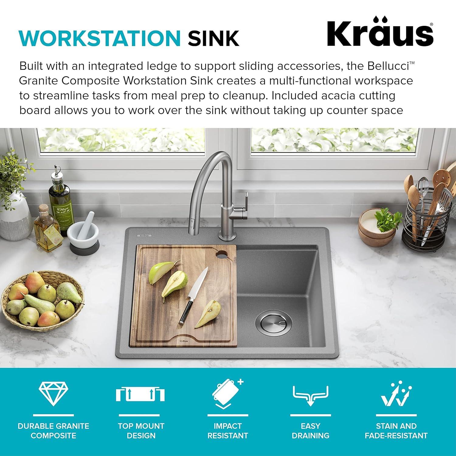 Kraus KGTW12-25MGR KRAUS Bellucci Granite Composite Workstation Drop-In Top Mount Single Bowl Kitchen Sink with Accessories