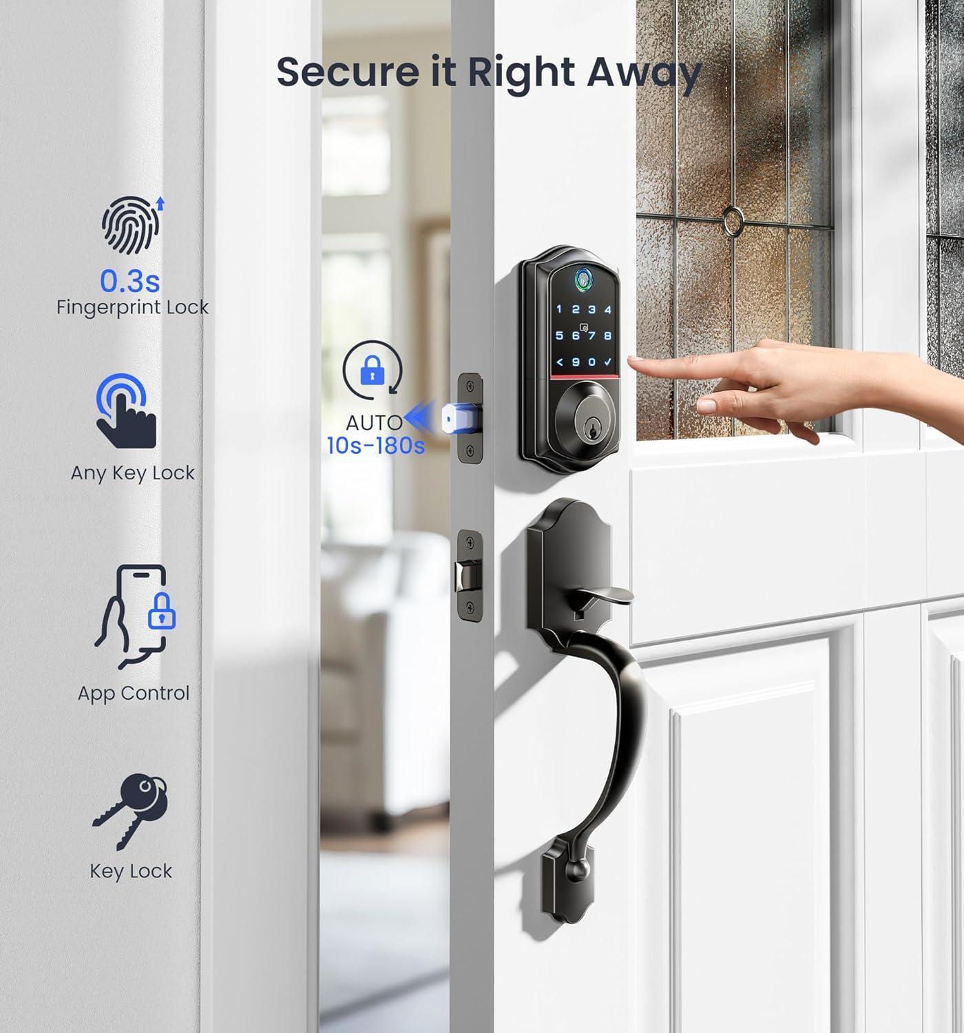Veise VE017-H Fingerprint Smart Front Door Lock Set, App Control, Keyless Entry Deadbolt with Handle, Smart Deadbolt, Emergency Power Port, Touchscreen Keypad, Auto Lock, Easy Install, Matte Black