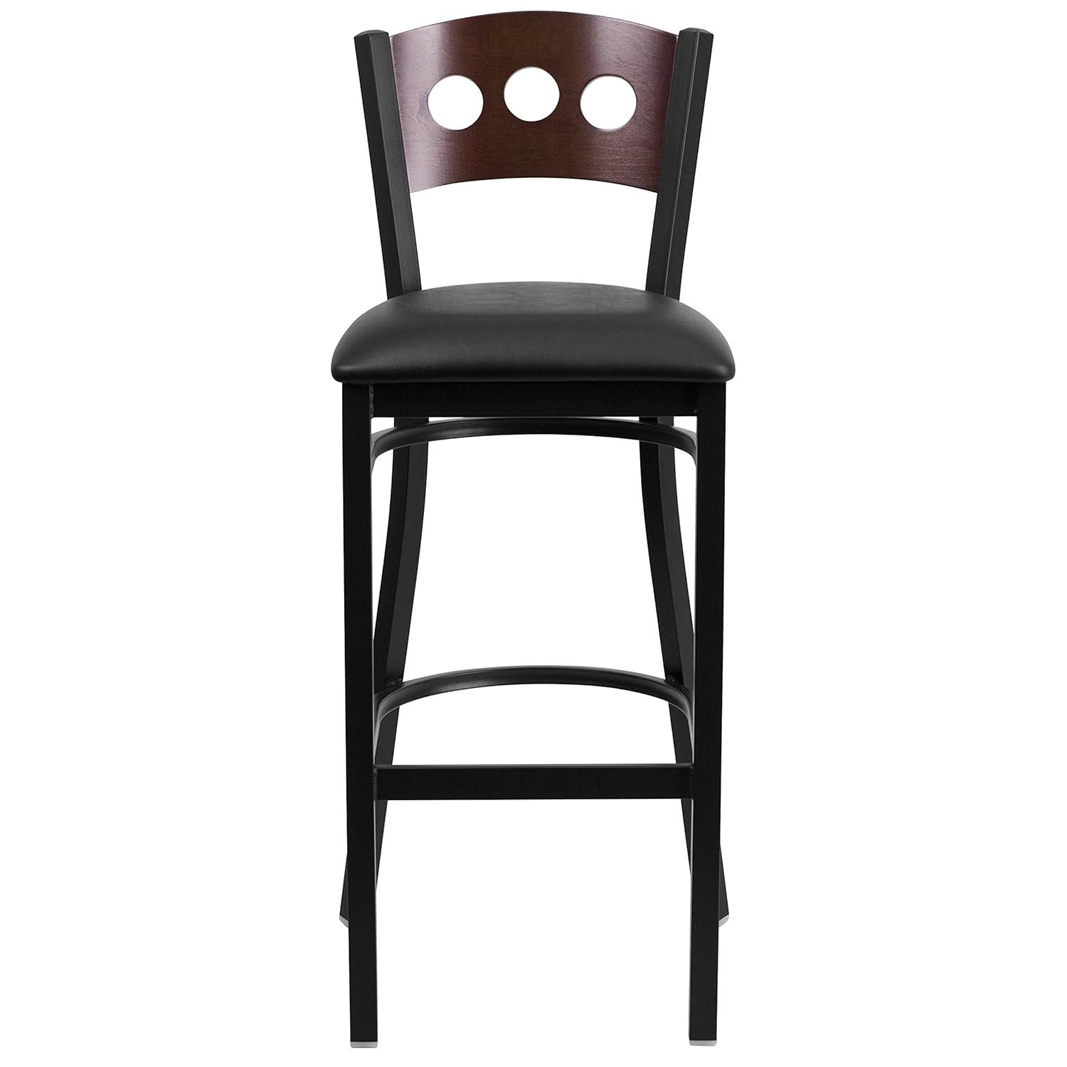 Flash Furniture HERCULES Series Black 3 Circle Back Metal Restaurant Barstool - Walnut Wood Back, Black Vinyl Seat