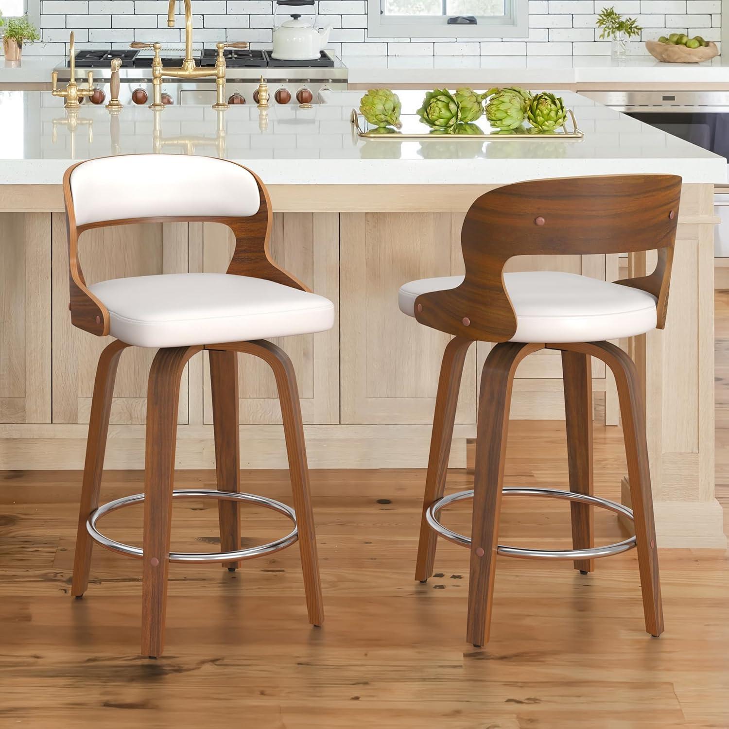 White Faux Leather Swivel Adjustable Bar Stools with Wood Frame