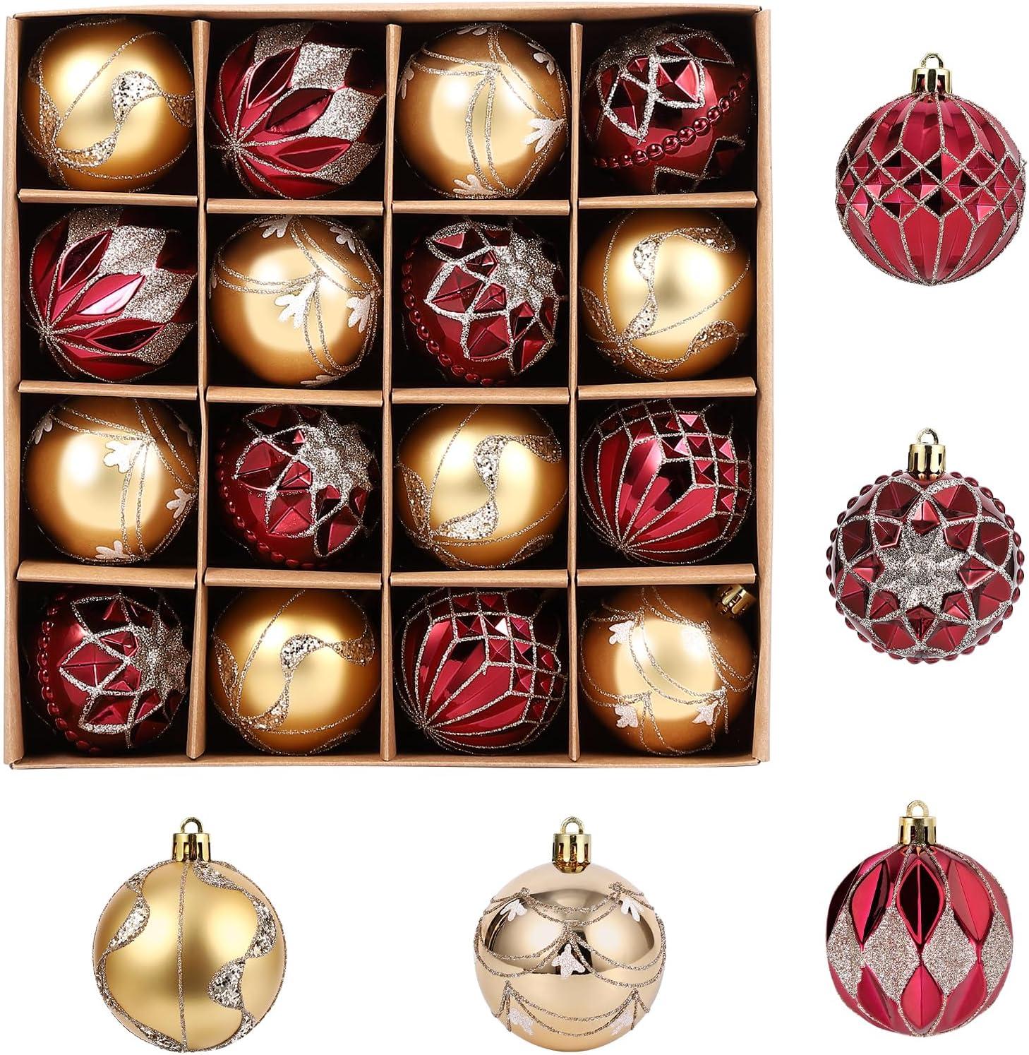 16 Pcs Christmas Ball Ornaments Set for Xmas Tree, 2.36" Red Gold Christmas Tree Ornaments, Shatterproof Plastic Hanging Holiday Balls for Home Decor Festive Christmas Party