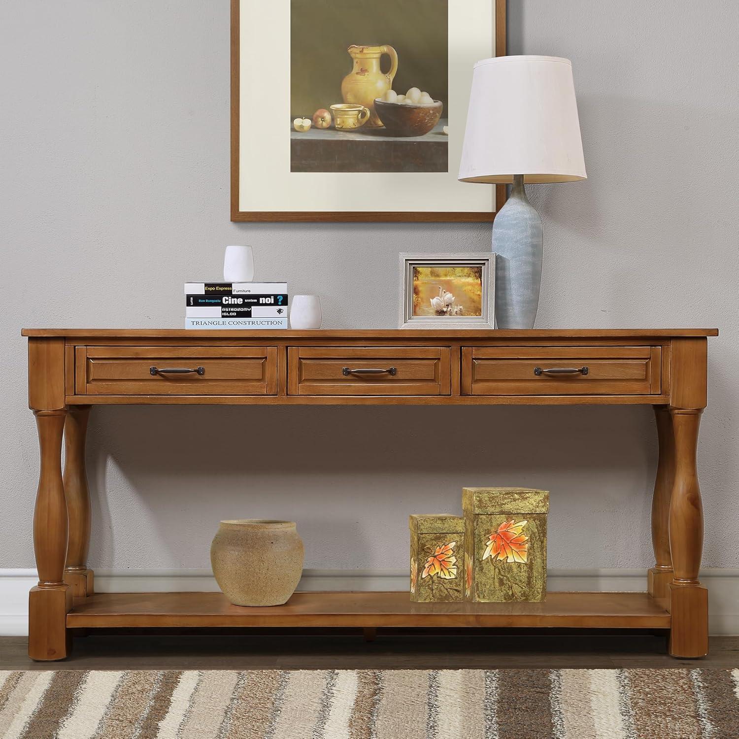 63inch Solid Wood Console Table with 3 Drawers and 1 Bottom Shelf Extra-Thick Sofa Table(Brown)